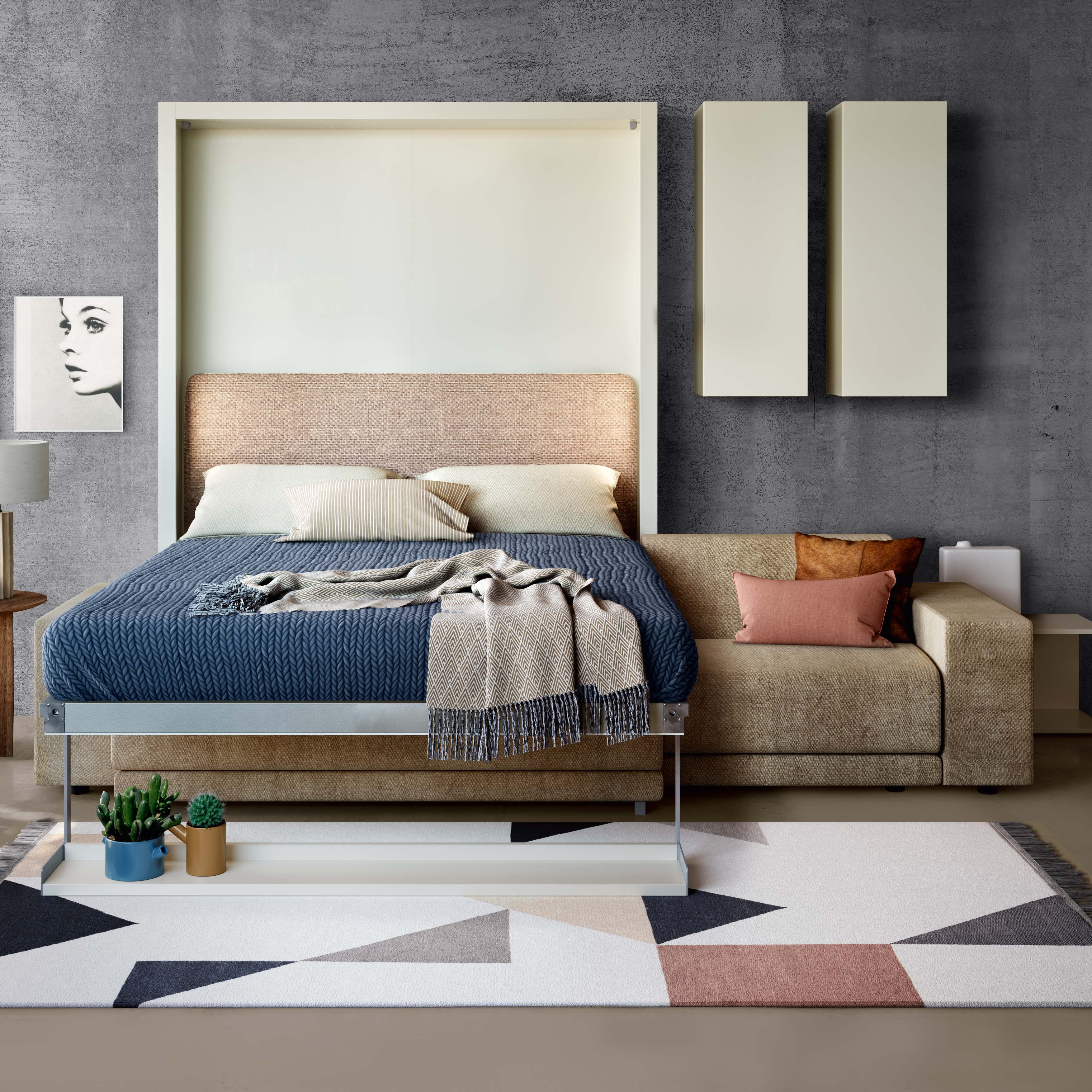Oslo Sectional Queen Murphy bed open, showcasing multifunctional wall bed with sectional sofa in a small space bedroom