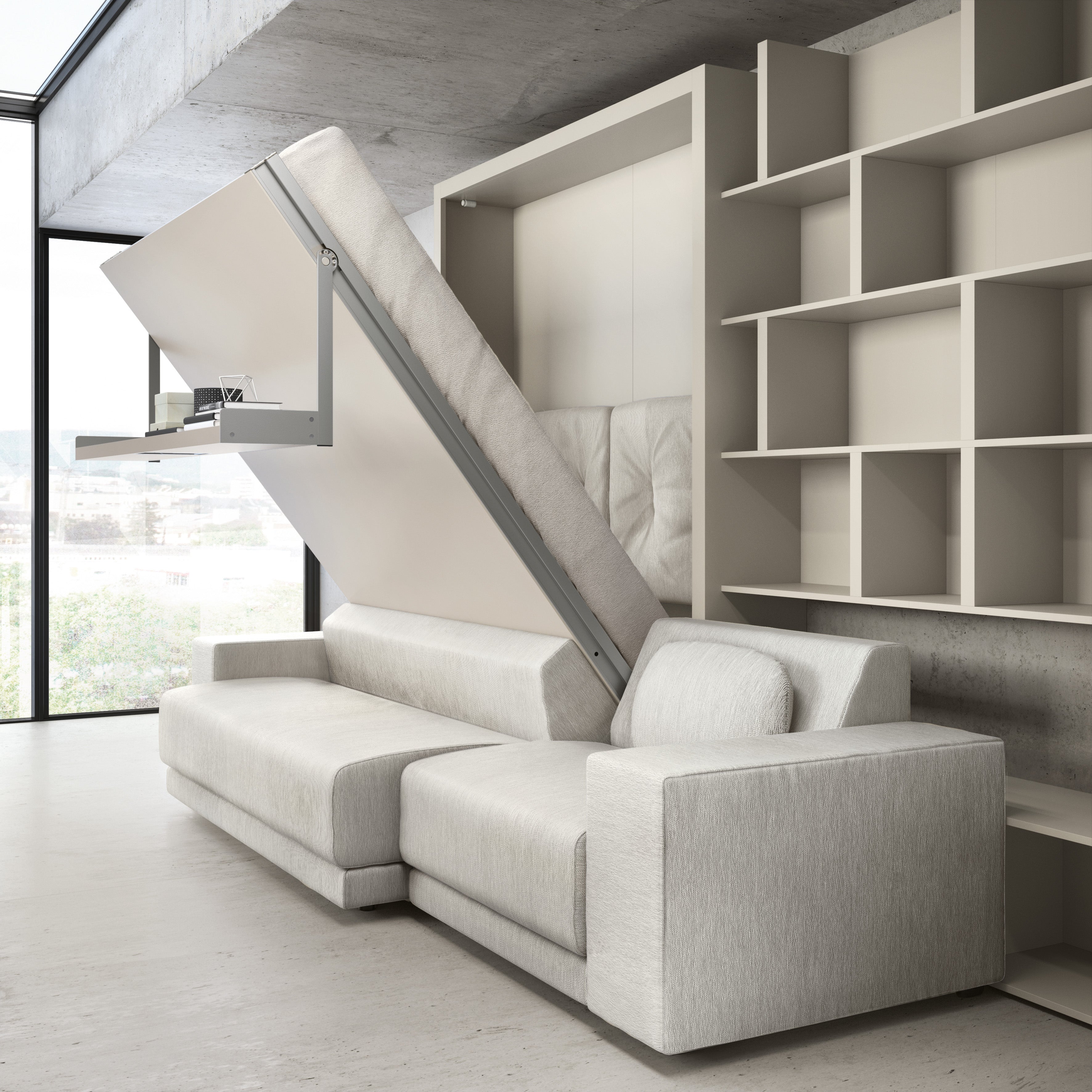 Oslo Sectional Queen Murphy Bed with Sofa partially opened in a modern living room – multifunctional space saving furniture