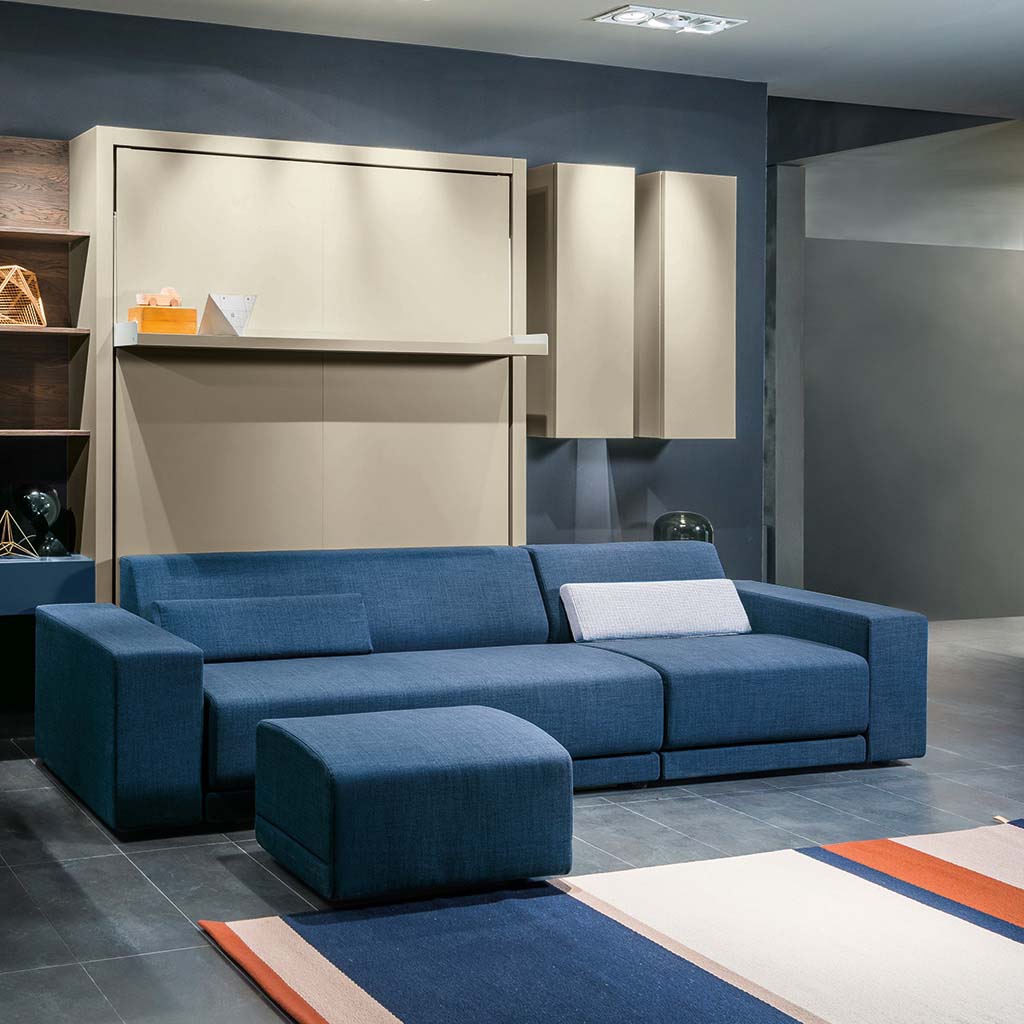 Oslo Sectional Murphy Bed with Sofa closed — space saving furniture solution with modern beige wall bed and plush blue sofa