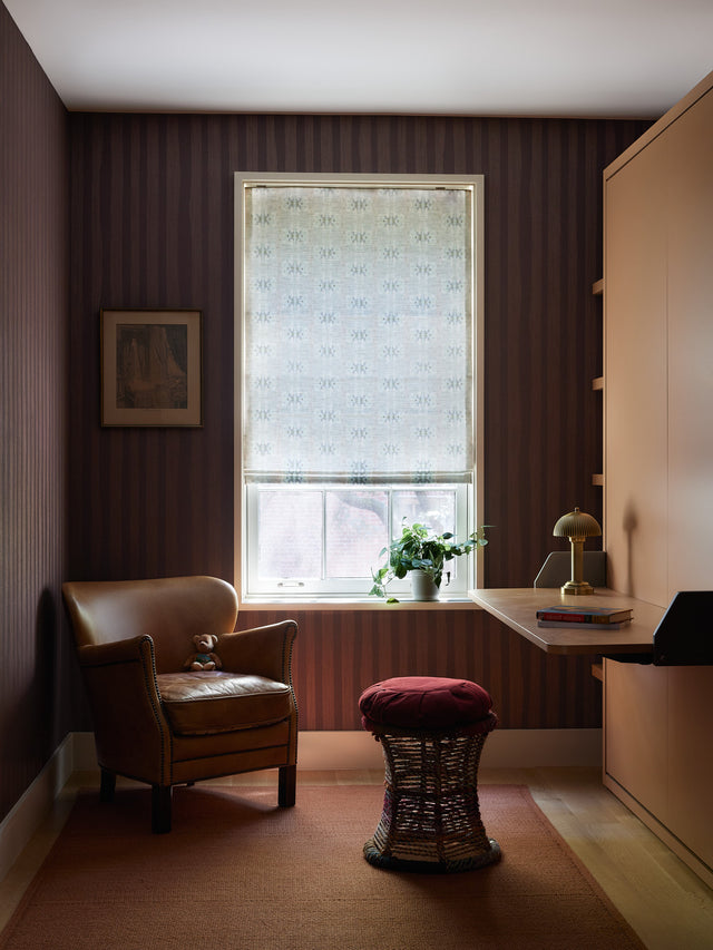 Moody plum-toned home office in Cobble Hill featuring the Penelope Desk Wall Bed by Resource Furniture in custom peach lacquer, designed by Isabella Patrick Interiors.