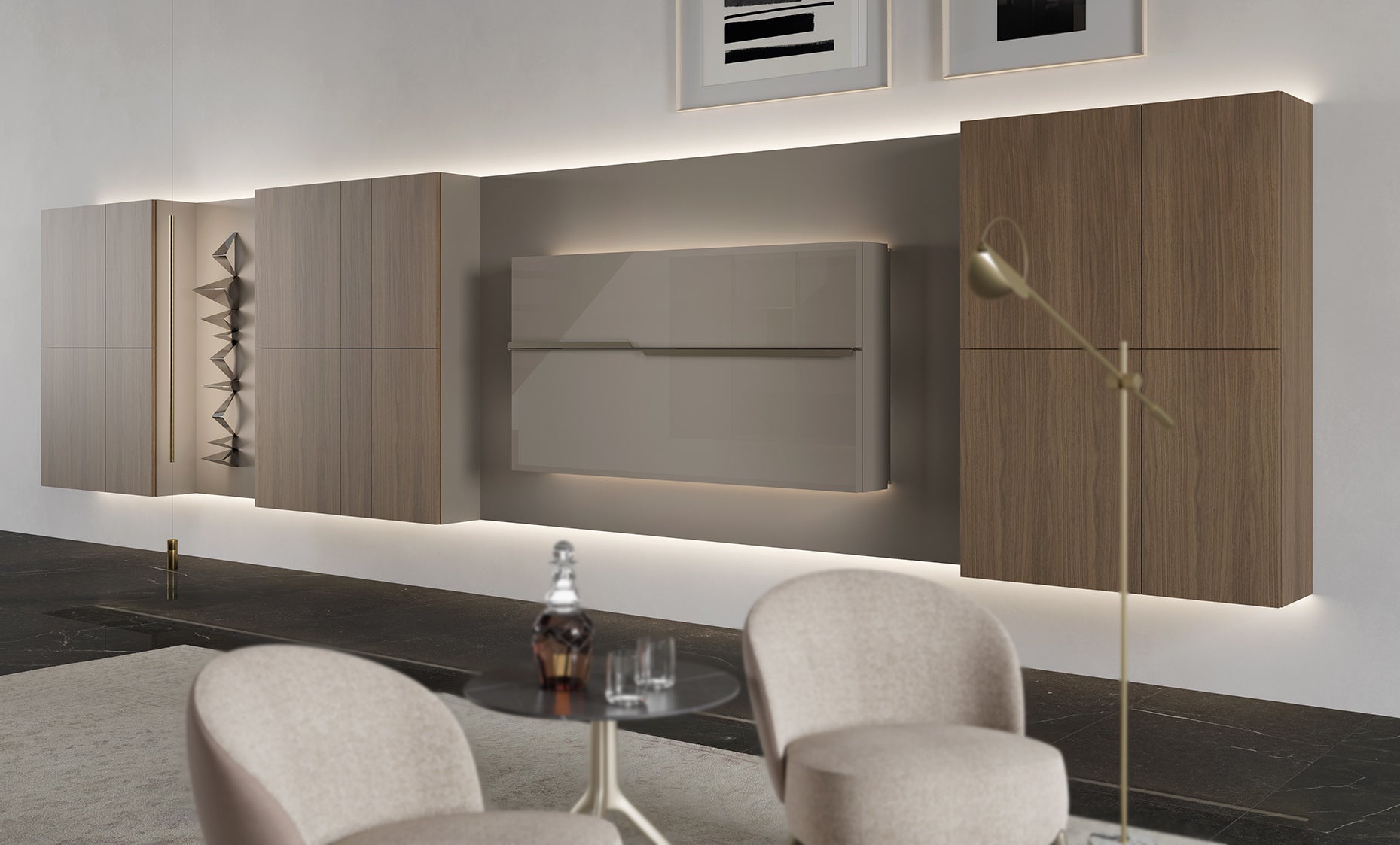 Maxi Bar closed as a sleek wall-mounted cabinet within a custom storage wall system in a modern living room.