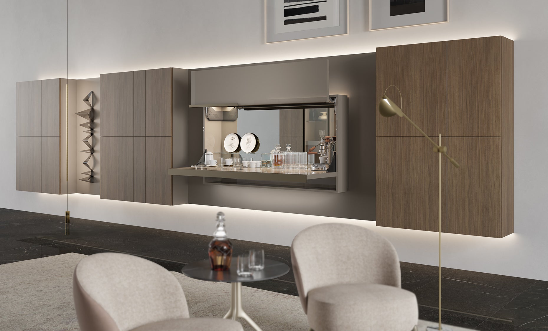 Maxi Bar open to reveal a wall-mounted home bar with serving surface and storage, integrated into a modern living room wall system.