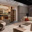 Maxi Bar open in a modern living room with integrated shelving, illuminated glass cabinet, and lounge seating.