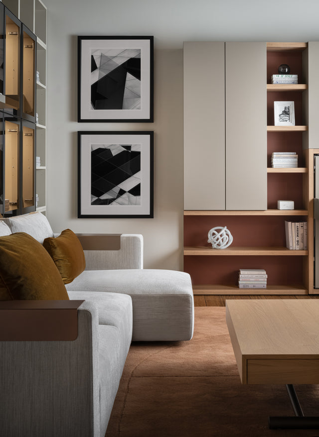 Swing sectional (light gray) at Resource Furniture Seattle showroom - modular sofa with chaise, wood coffee table. Photo: Anton Benedikt