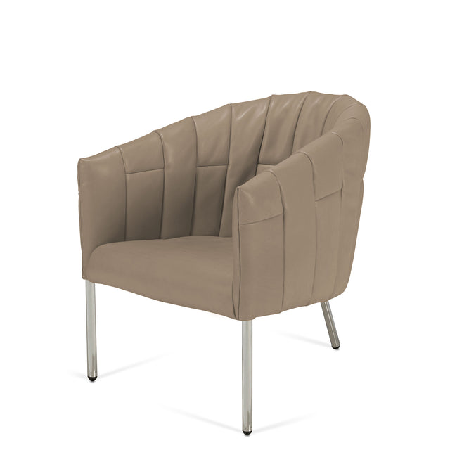 Rumba chair in taupe leather with quilted upholstery and sleek black metal legs, showcasing a modern and minimalist design.