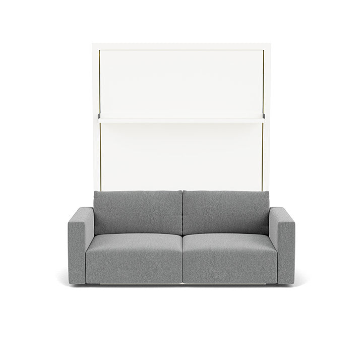 Swing 0 Murphy bed closed with integrated gray two-seat sofa and floating shelf, isolated on white background.
