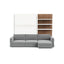 Swing Chaise Murphy bed system in closed position with gray sectional sofa and wood-paneled shelving unit.