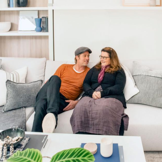 Brad Pitt and friend relaxing on a modern sofa in a small living room; wall panel behind converts to the Swing sofa-Murphy bed—multifunctional, space-saving furniture.