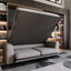 Tonale Sofa by Resource Furniture — light gray sofa with an integrated Murphy wall bed partially open above it in a compact living room with built-in illuminated bookshelves; space-saving furniture and modern seating for small spaces.