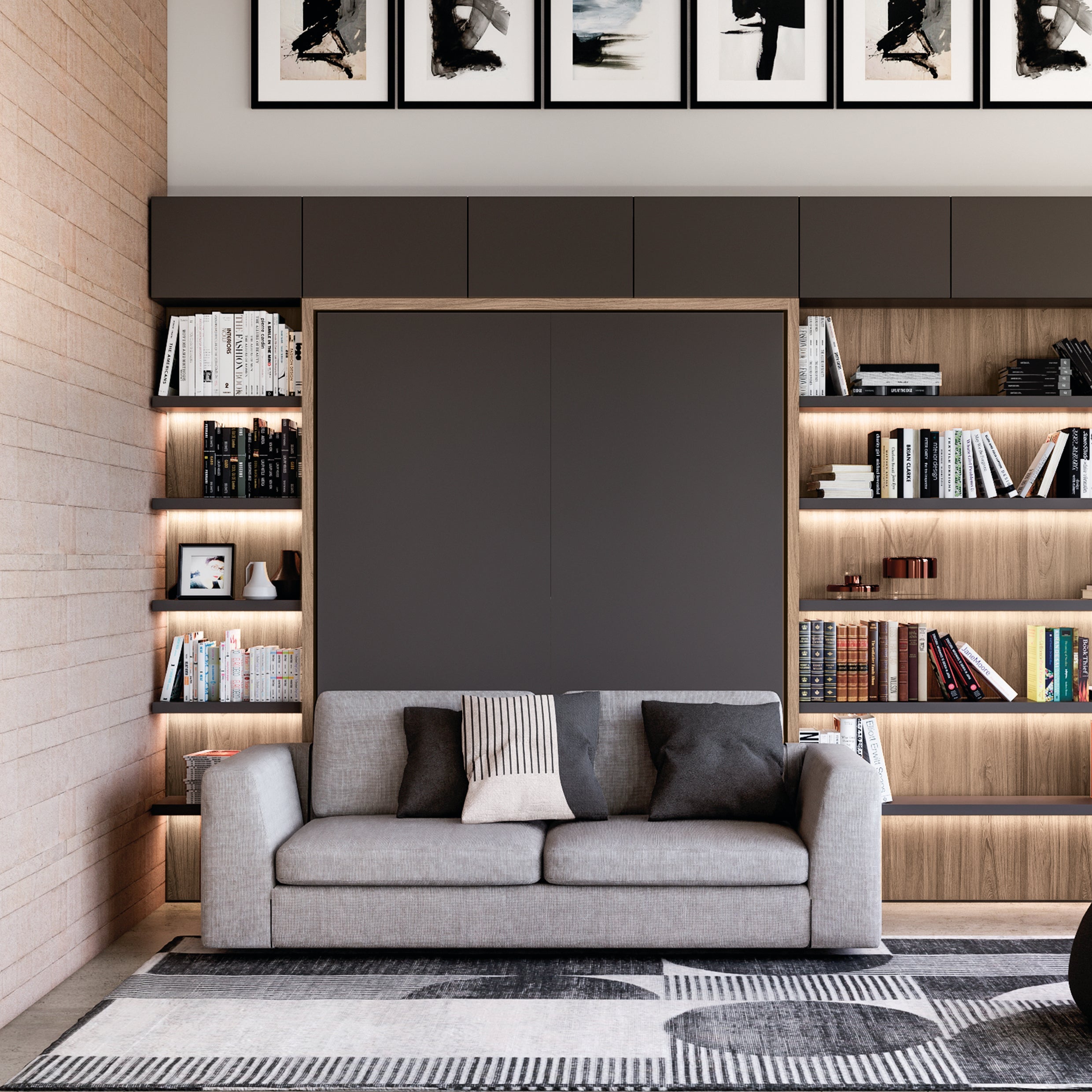 Tonale Sofa by Resource Furniture — light gray modern sofa positioned in front of a closed Murphy wall bed with built-in illuminated bookshelves; space-saving furniture, multifunctional seating and contemporary design for small-space living.