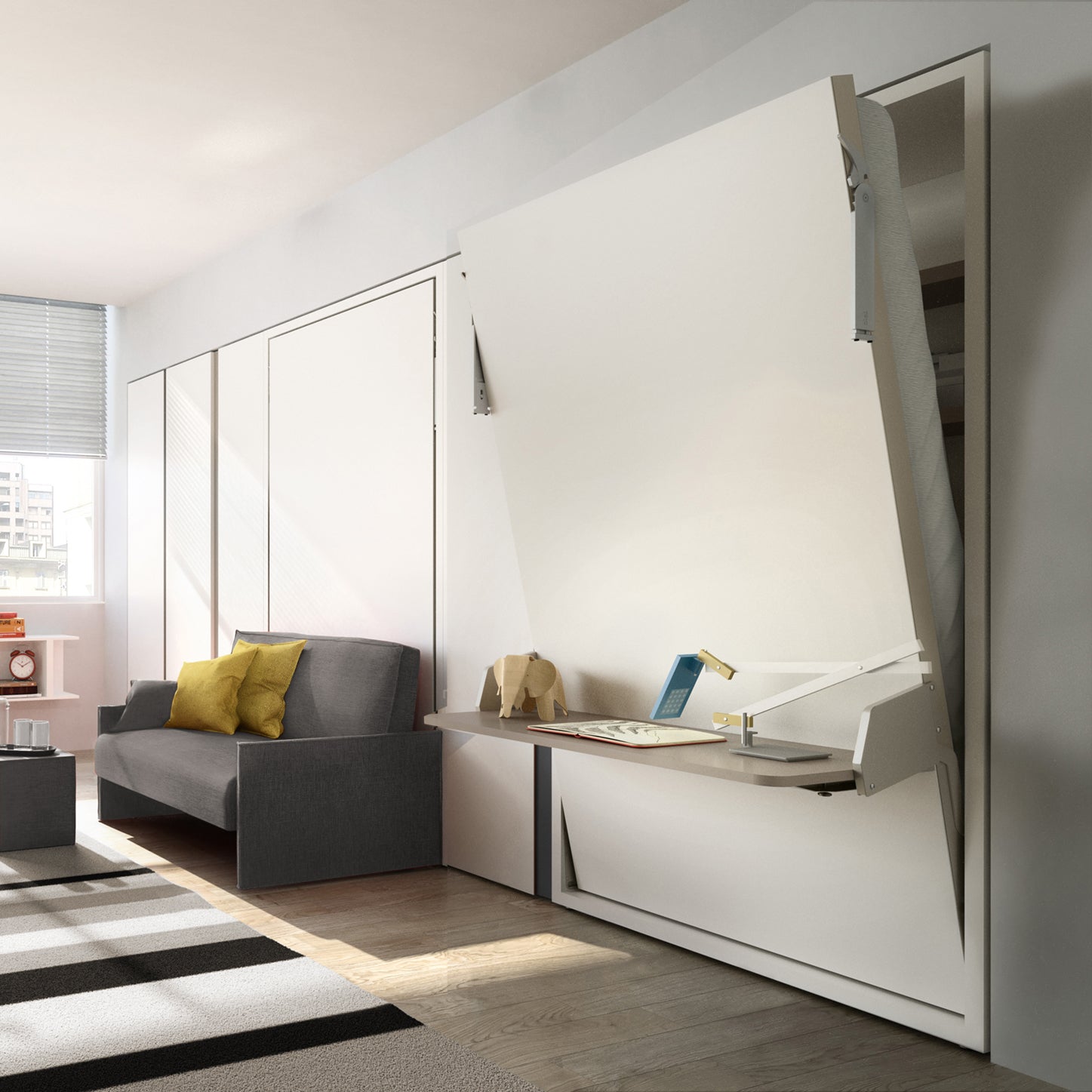 Altea Desk wall bed partially open, showcasing desk that remains level during bed transition.