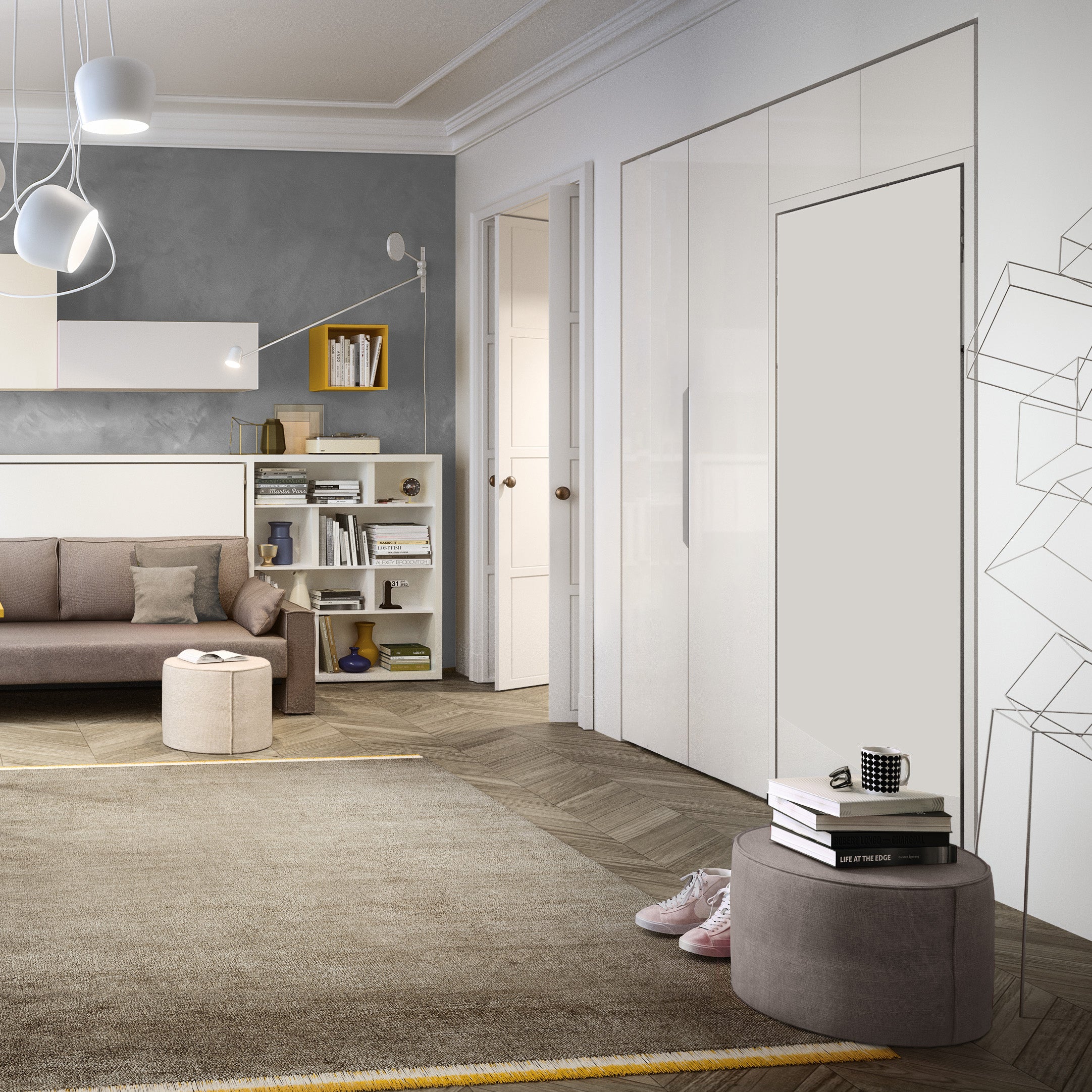 Closed Altea Twin Murphy Bed seamlessly built into a modern wall system with white cabinetry and shelving – a smart space saving furniture solution.