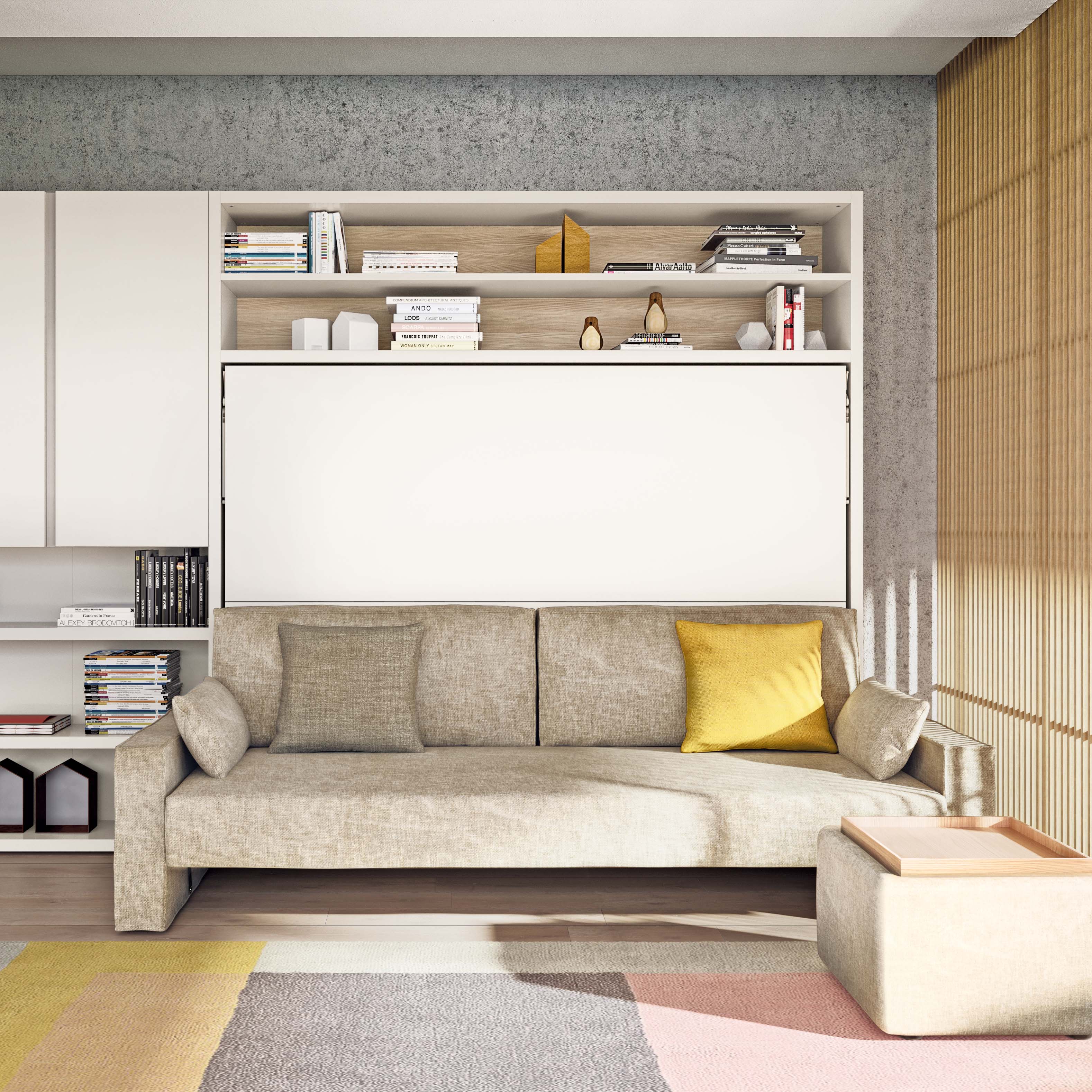 Circe Sofa horizontal queen Murphy bed with couch in closed position, modern multifunctional furniture for small spaces and stylish interiors.