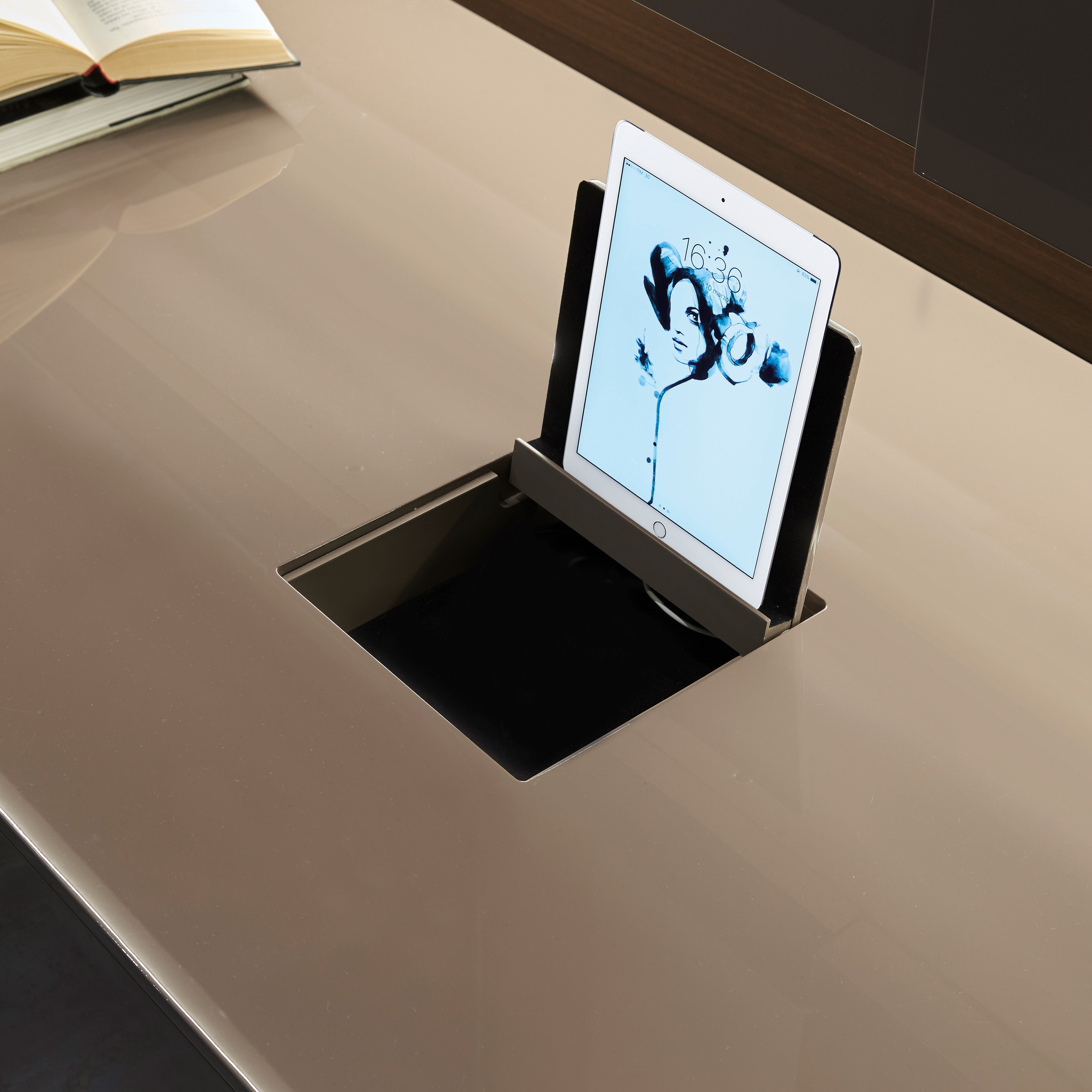 Custom cabinetry units desk with built-in tablet dock and concealed compartment — modern space-saving furniture by Resource Furniture.