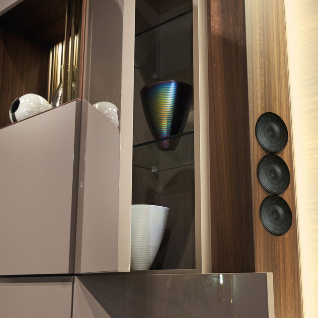 Custom cabinetry units display shelf with wood paneling, built-in speakers, and decorative vases — luxury wall-mounted furniture by Resource Furniture.