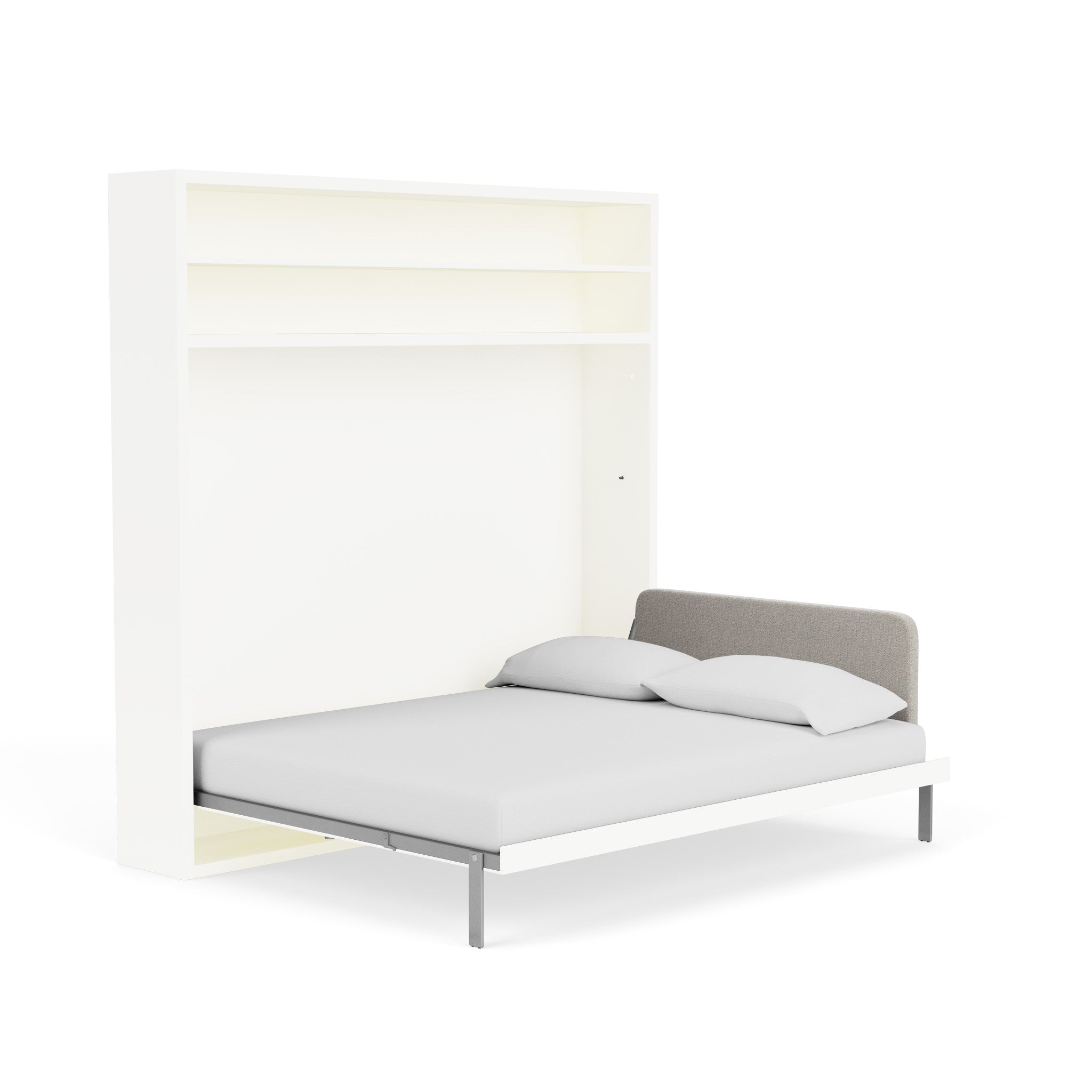 Adam Tavolo Queen Murphy bed shown open with light gray upholstered headboard and white frame, set against a white background — space saving furniture with desk and shelving.