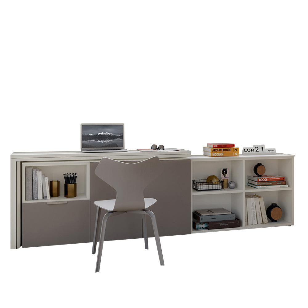 Giro transforming console table closed and styled as a compact workstation with shelving and chair by Resource Furniture