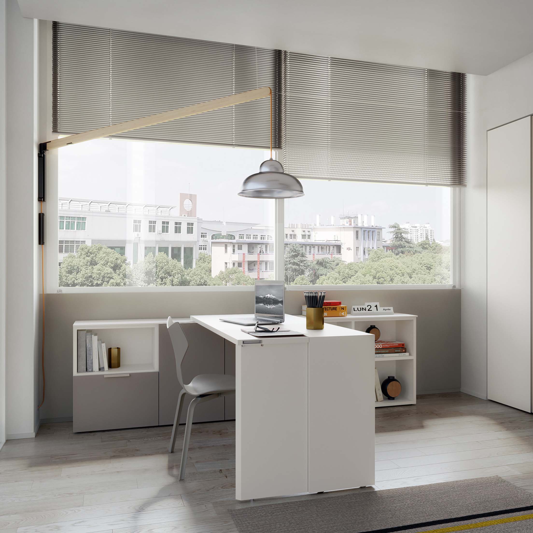 Giro transforming console table configured as a compact desk in a bright modern home office with built-in storage by Resource Furniture