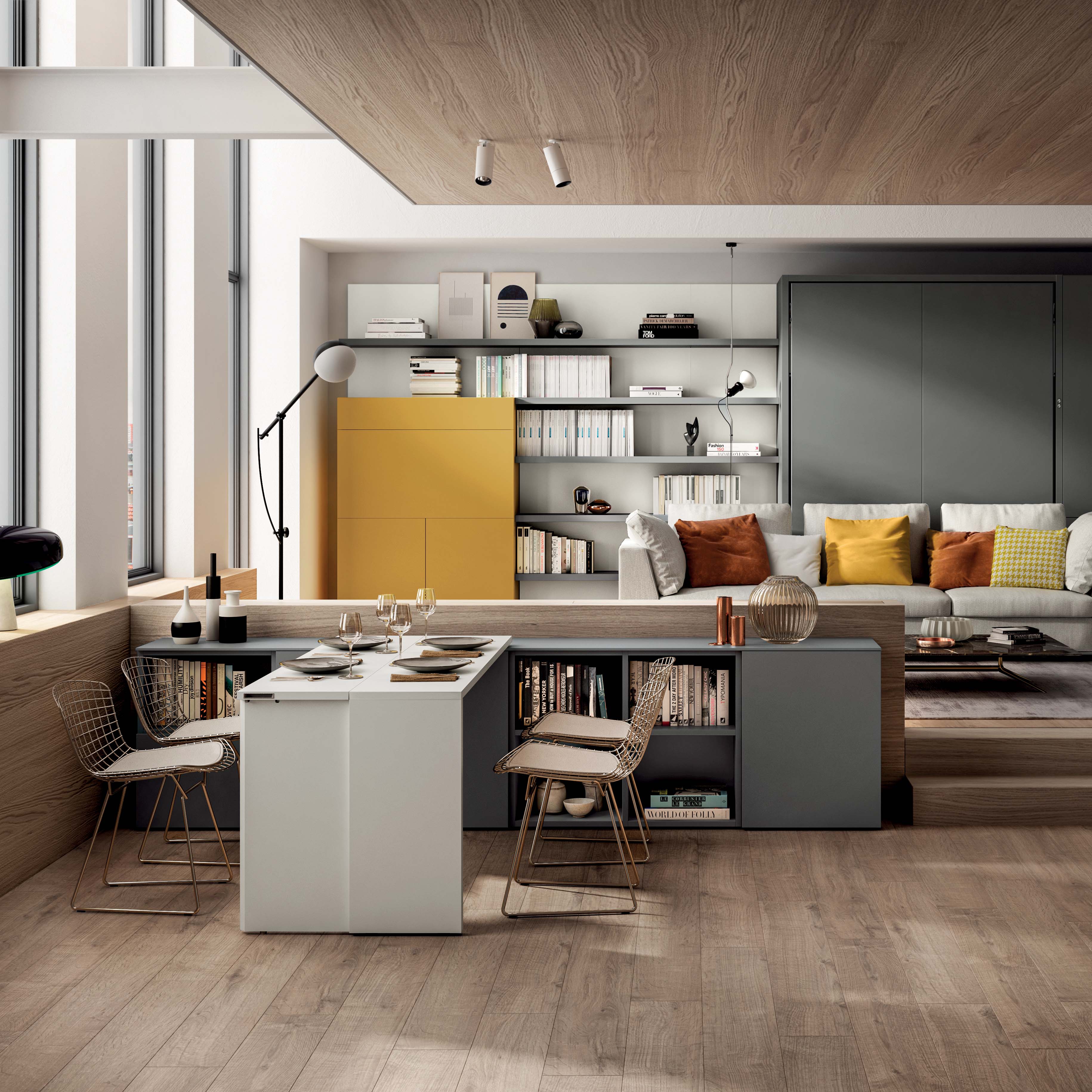 Giro transforming console table extended into a dining table setup in a modern living room with modular storage and sofa by Resource Furniture