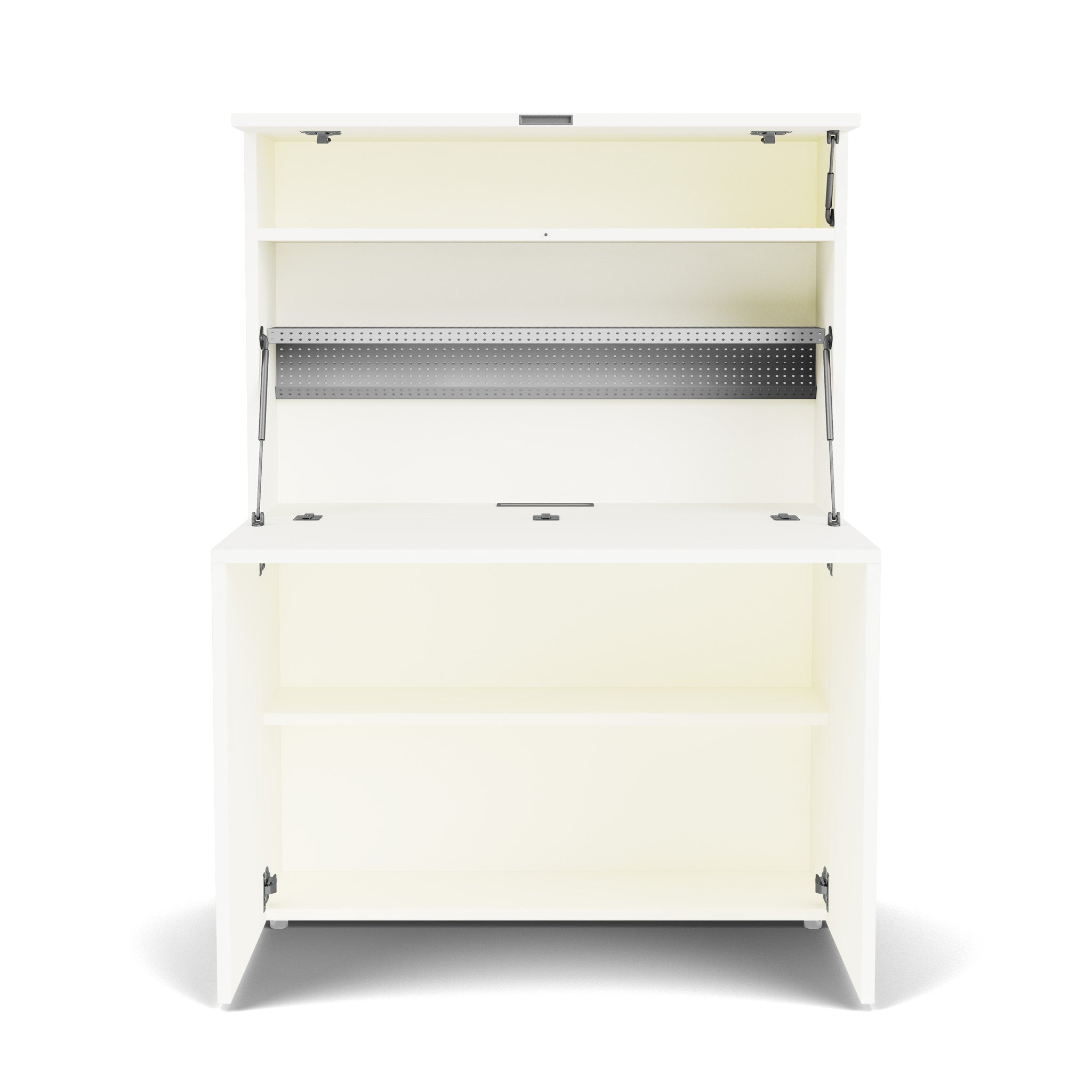 Front view of Home Office compact desk in white, featuring an open work surface, under-desk storage shelf, and integrated perforated back panel for cable management; perfect for multifunctional furniture in small spaces.