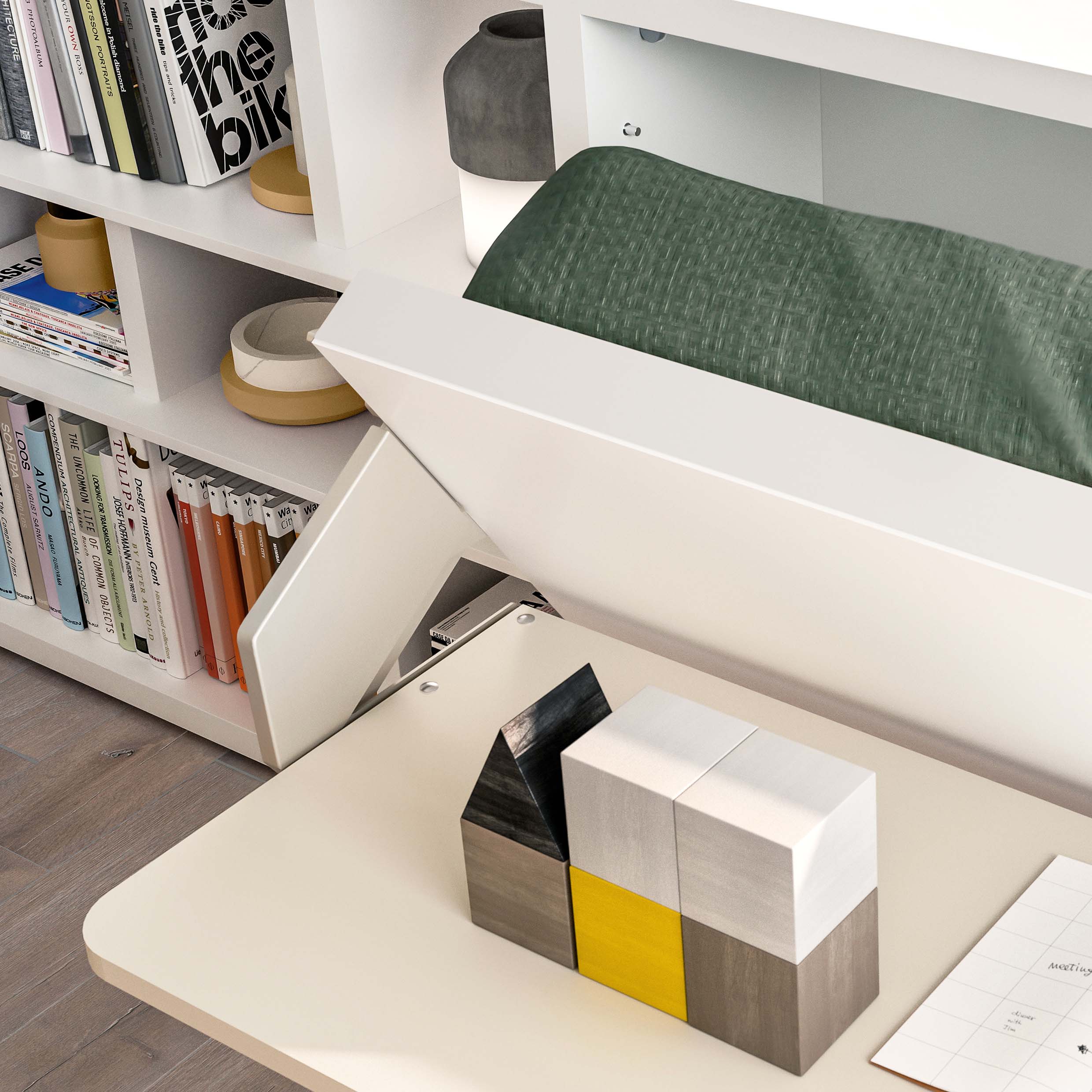 Detail of Kali Desk Murphy bed with desk in transition from closed to open position – space saving furniture