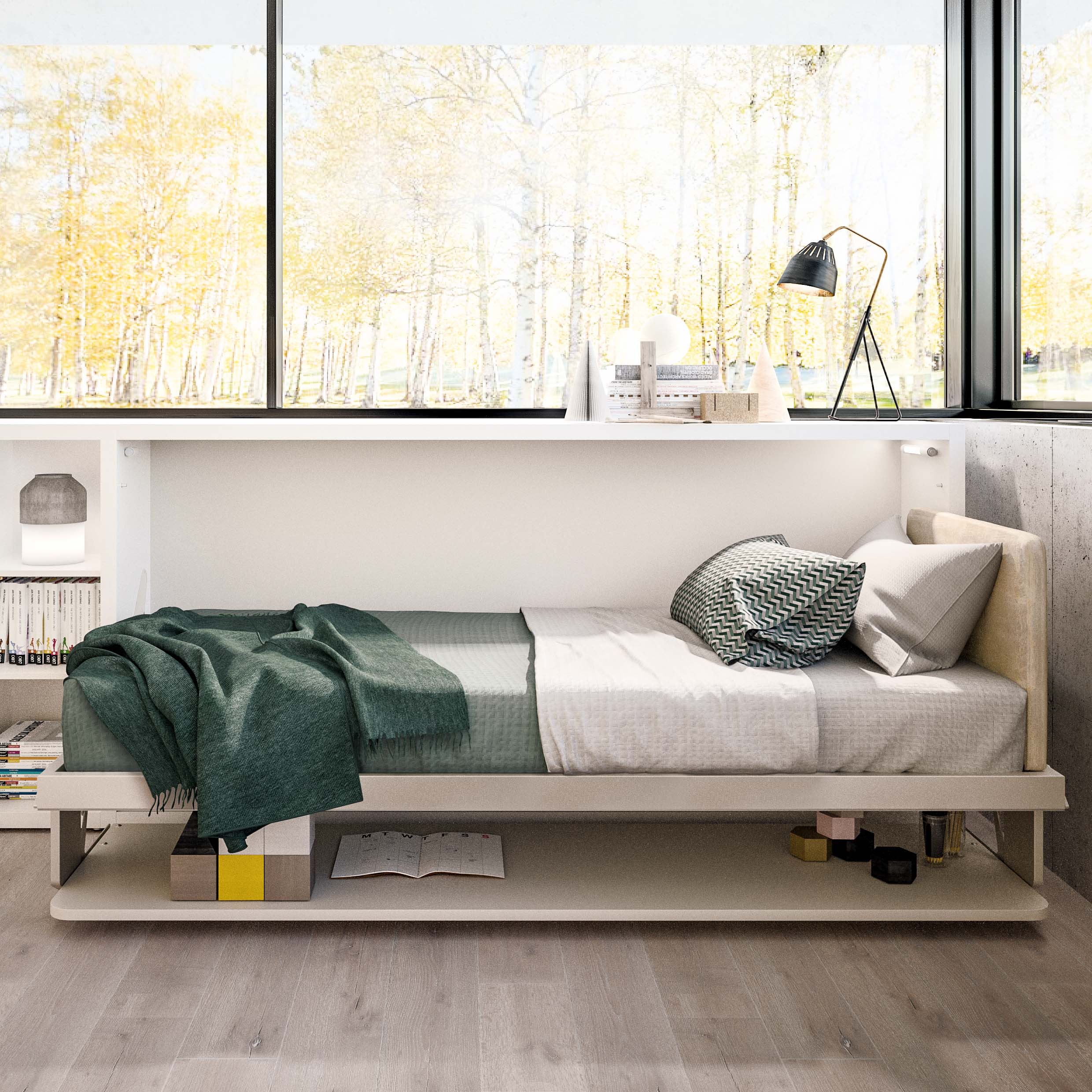 Kali Desk Murphy bed with desk shown open as a twin-sized bed in modern room – murphy bed with desk