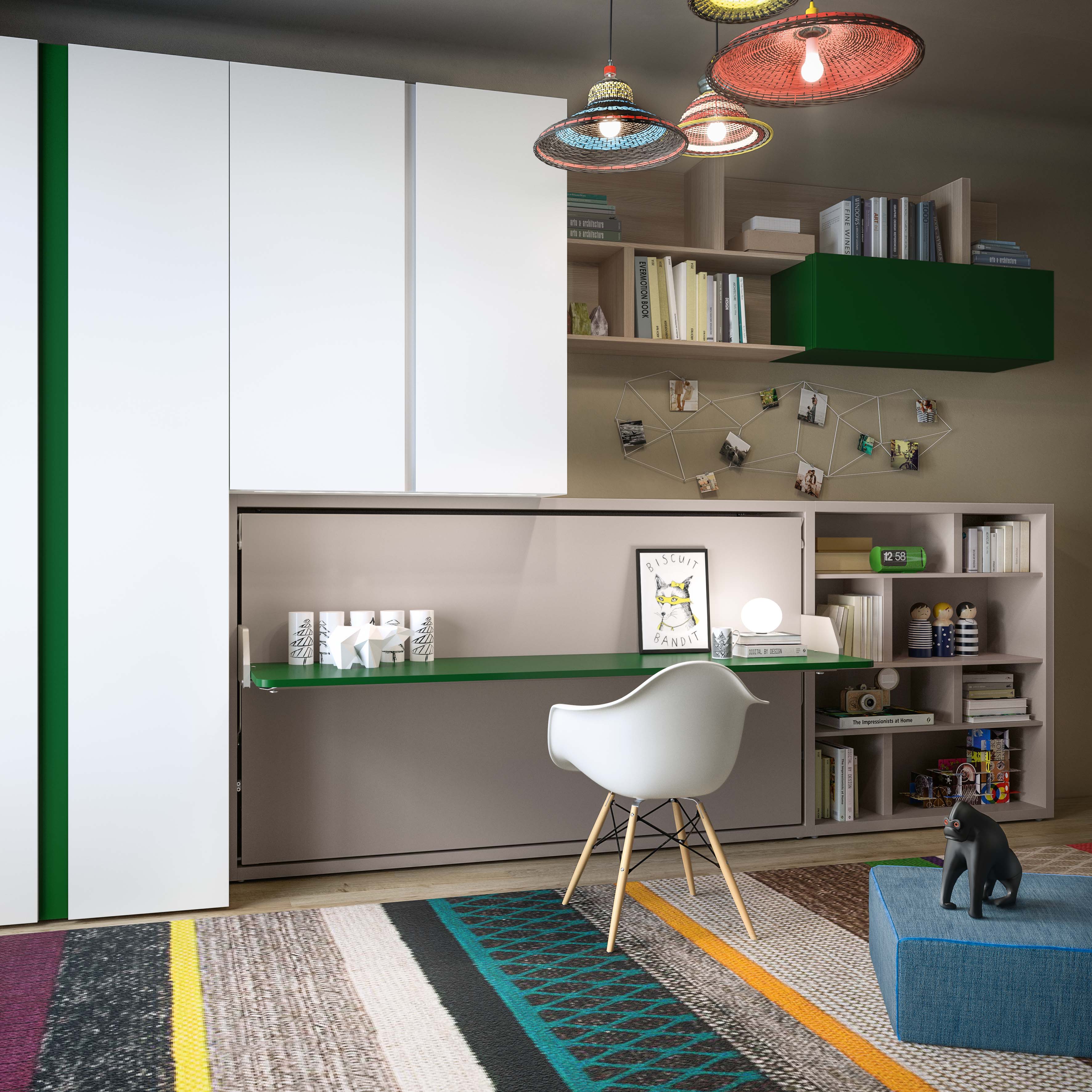 Kali Desk Murphy bed system in a white room with integrated desk and shelving, perfect for small modern apartments.