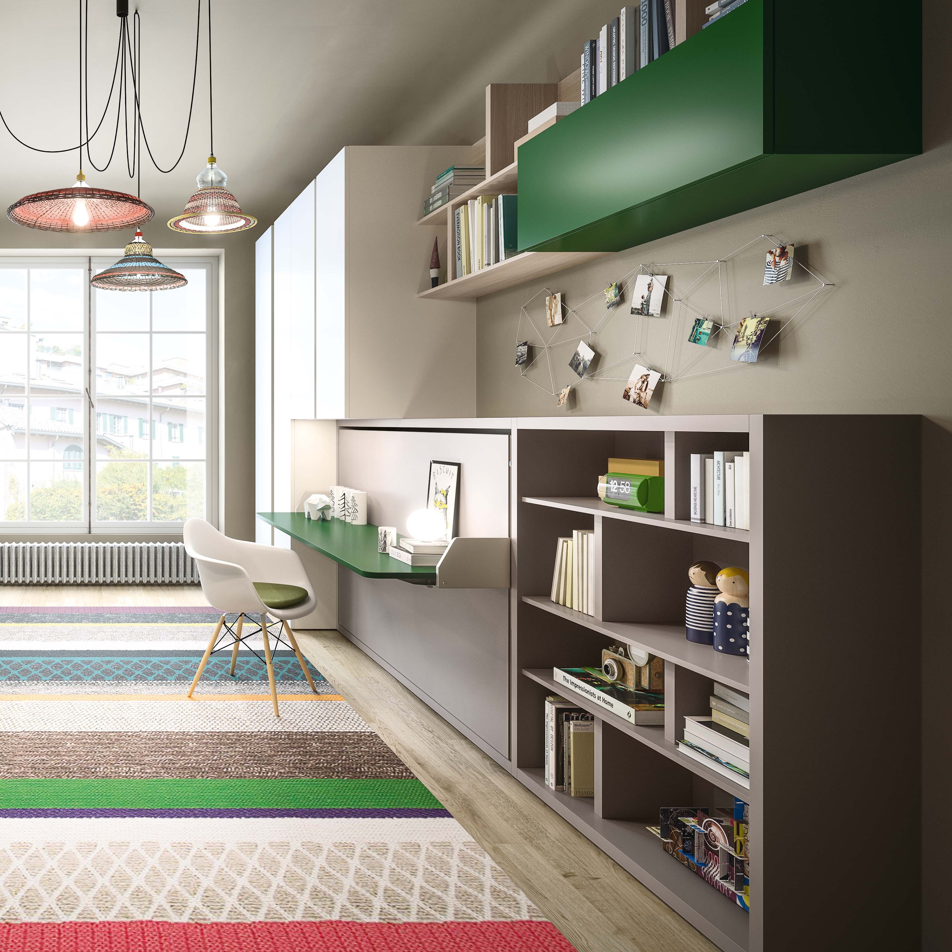 Modern multifunctional furniture setup featuring Kali Desk Wall Bed with green desk and built-in shelving