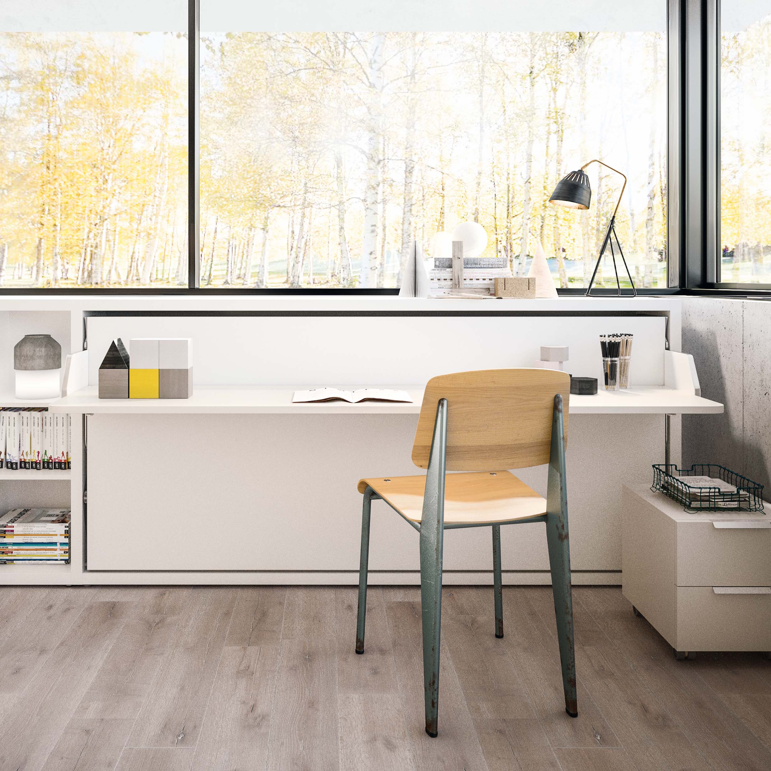 Kali Desk Murphy bed with integrated desk in a compact, modern room with natural light and space-saving furniture design