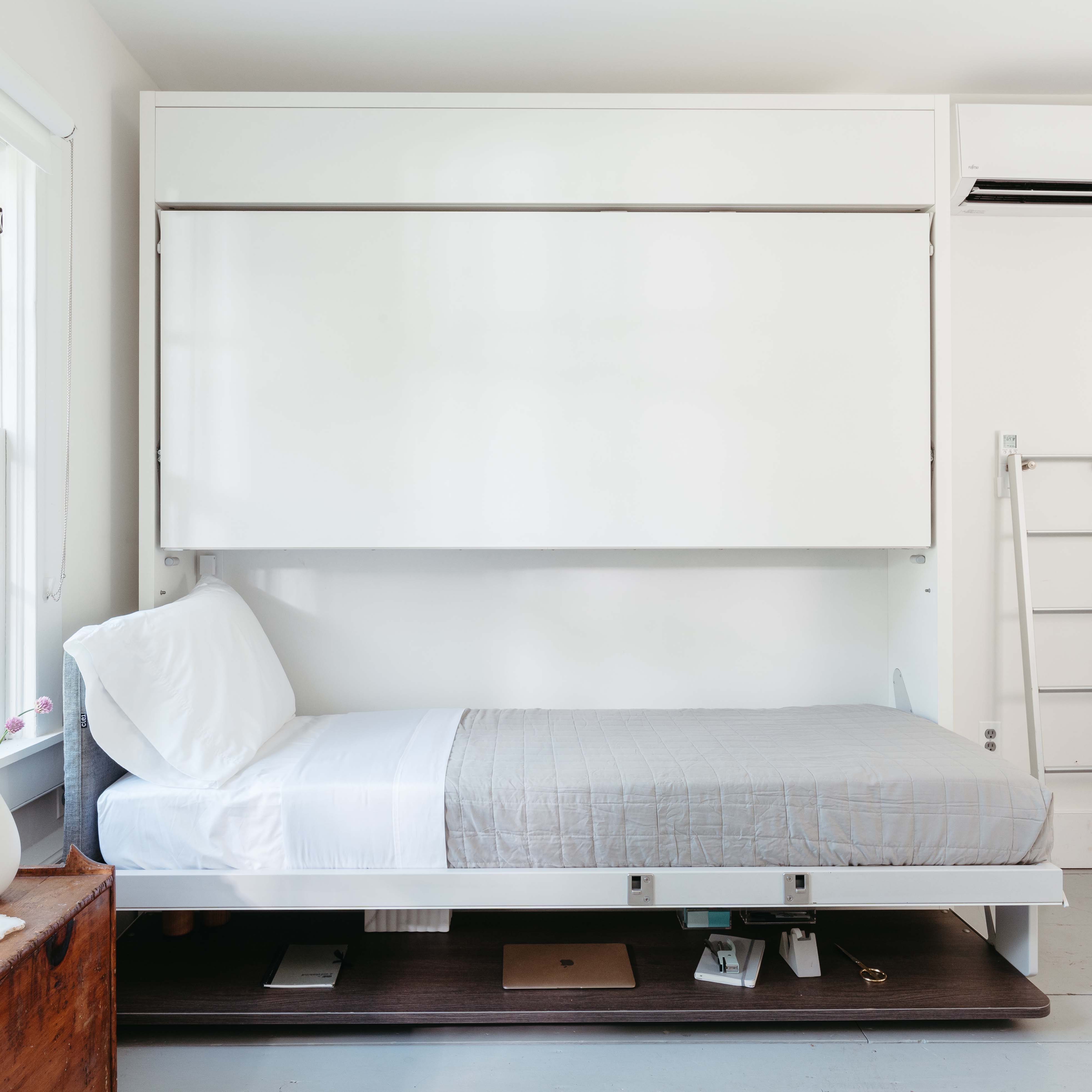 Kali Duo Desk XL Twin Murphy bunk beds shown with the lower bed open, featuring integrated desk and storage platform, perfect for multifunctional small space furniture.