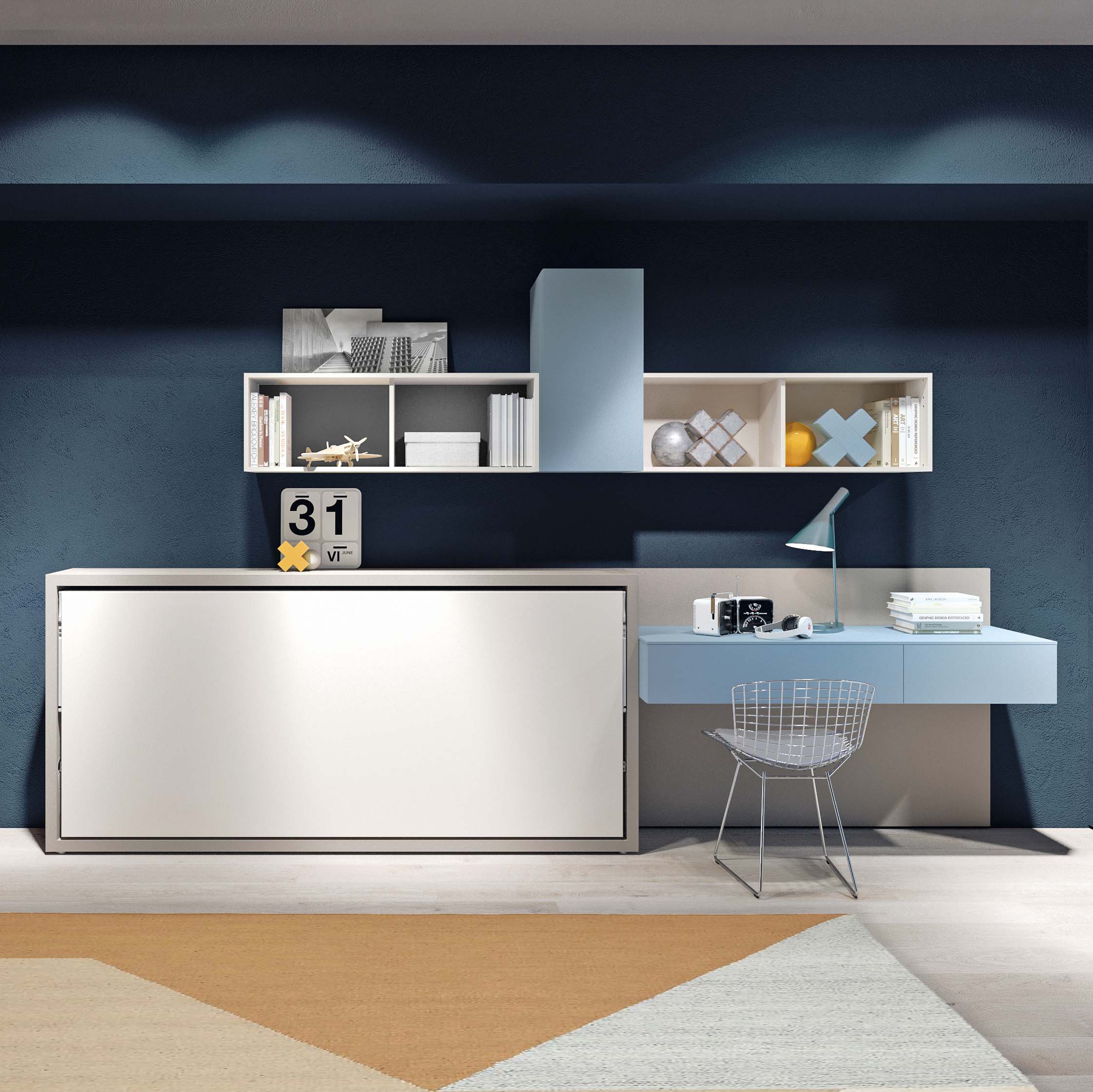 Closed Kali horizontal twin Murphy bed integrated with wall-mounted storage and a floating desk in a modern blue-toned bedroom.