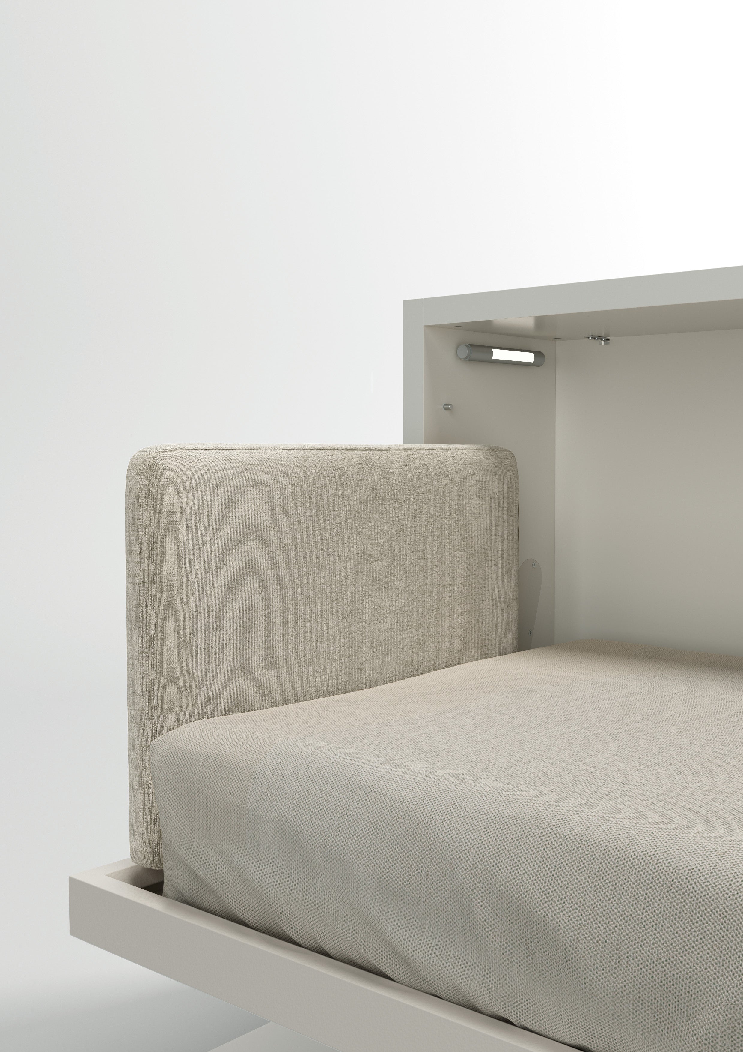 Close-up of the padded headboard on the Kali horizontal twin Murphy bed in a light neutral fabric.