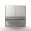 Wall bed with integrated desk in upright position, featuring a modern graphic panel and teal desktop.