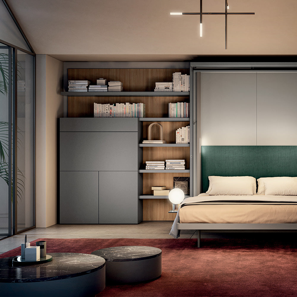 Stylish bedroom featuring a modern murphy bed with upholstered headboard, integrated shelving, and closed cabinetry, perfect for multifunctional use and maximizing small space interiors.