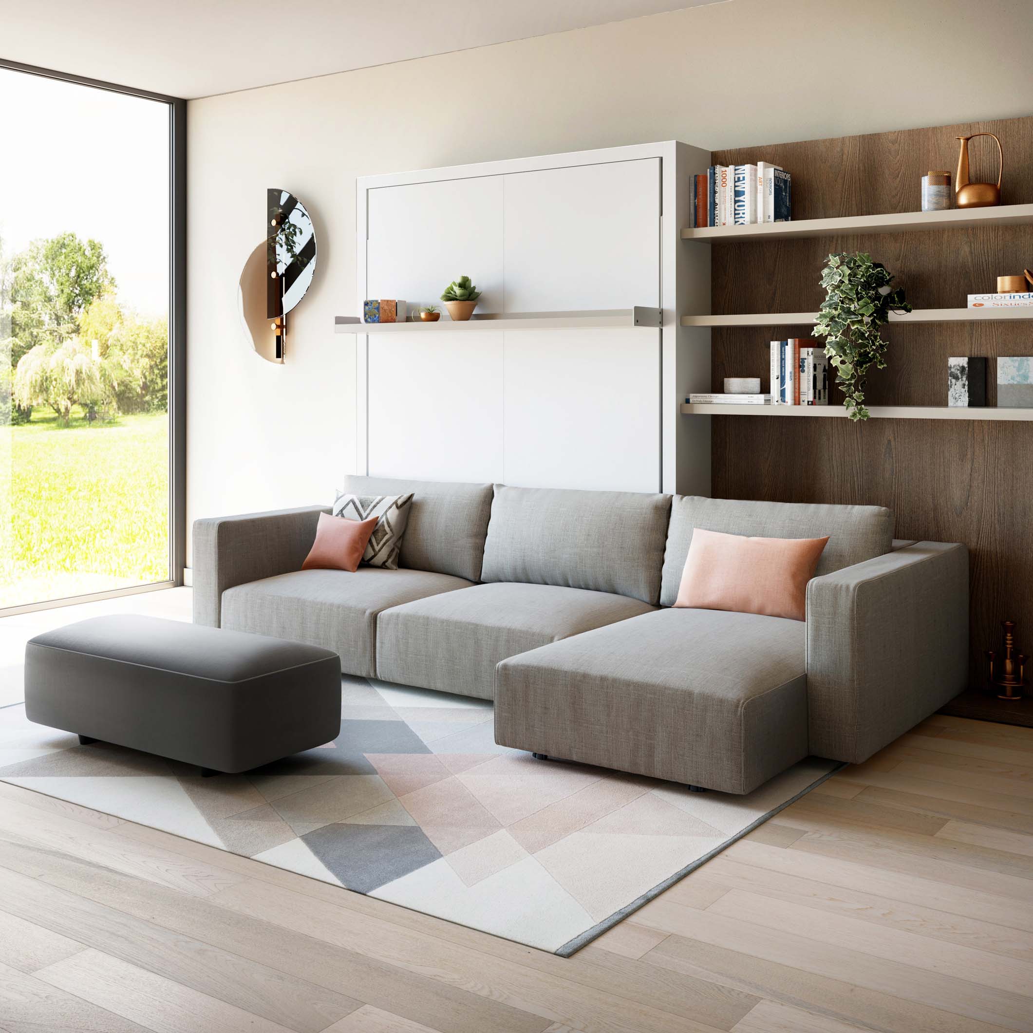 Modern living room featuring a queen-size Murphy bed with sectional chaise sofa and geometric wall shelving.