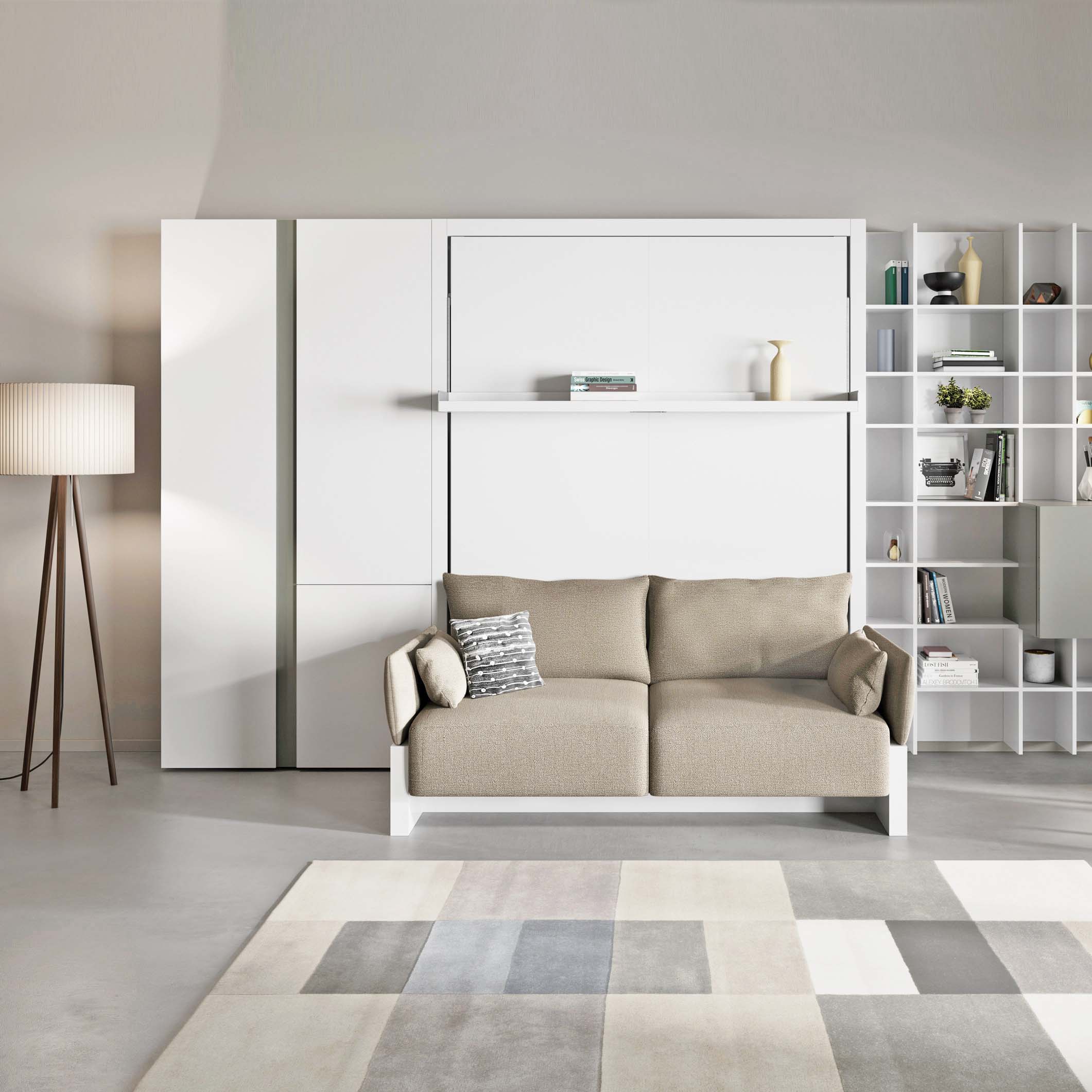 Nuovoliola queen wall bed with integrated beige sofa and modern built-in shelving.