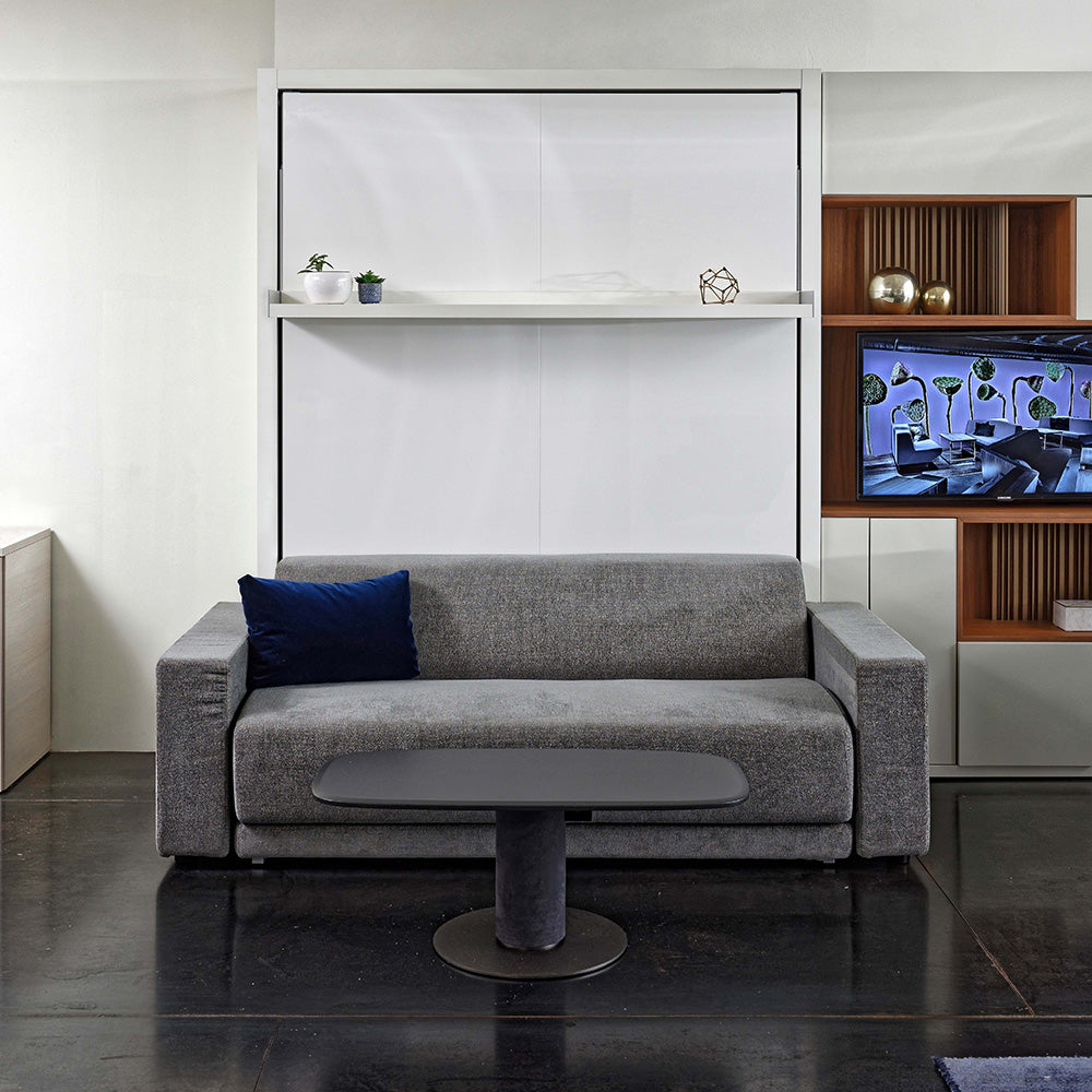 Oslo Sofa Murphy Bed closed with gray sofa in a modern living space, a multifunctional space saving furniture solution