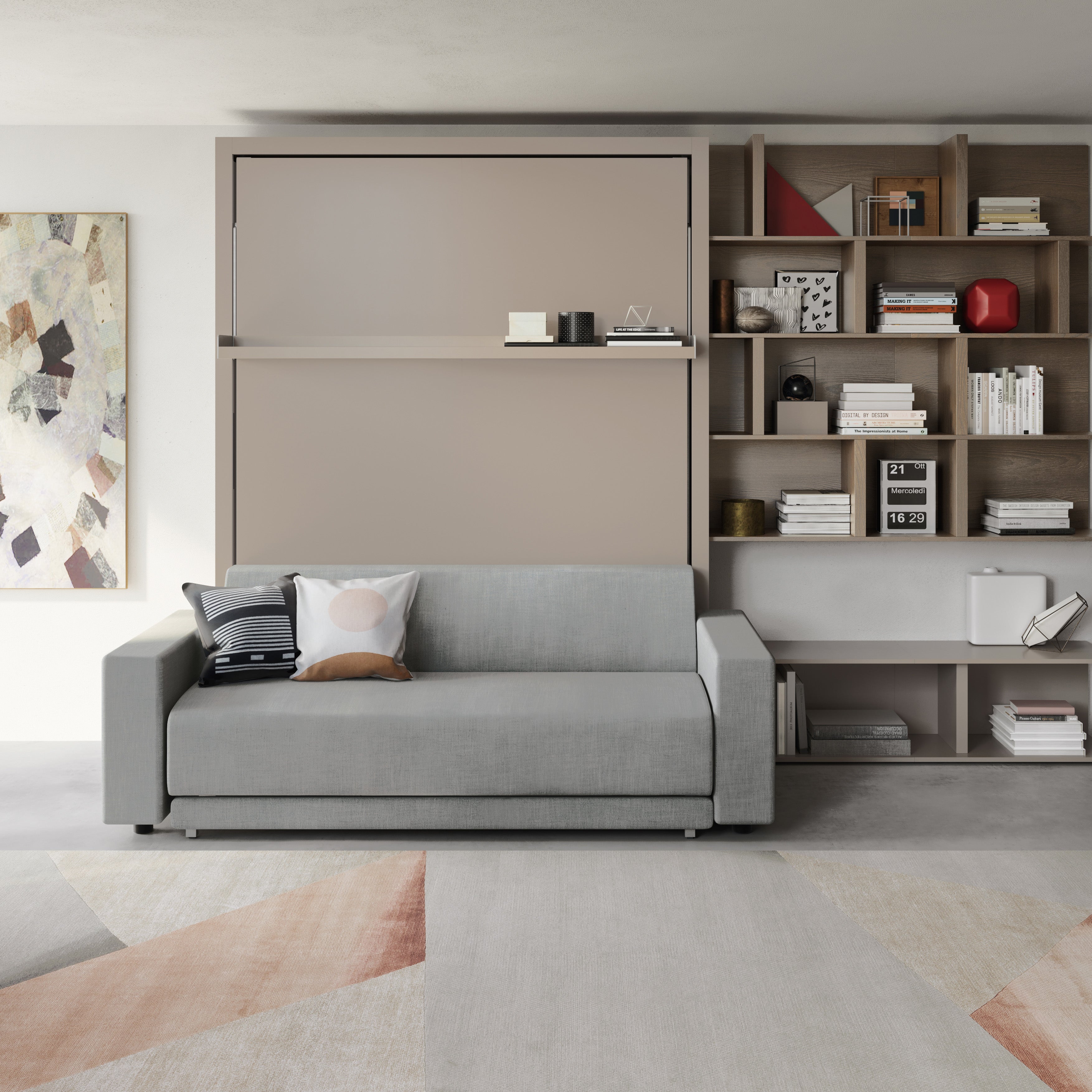 Oslo Sofa closed in living room with Queen Murphy bed and hidden storage – multifunctional space saving furniture