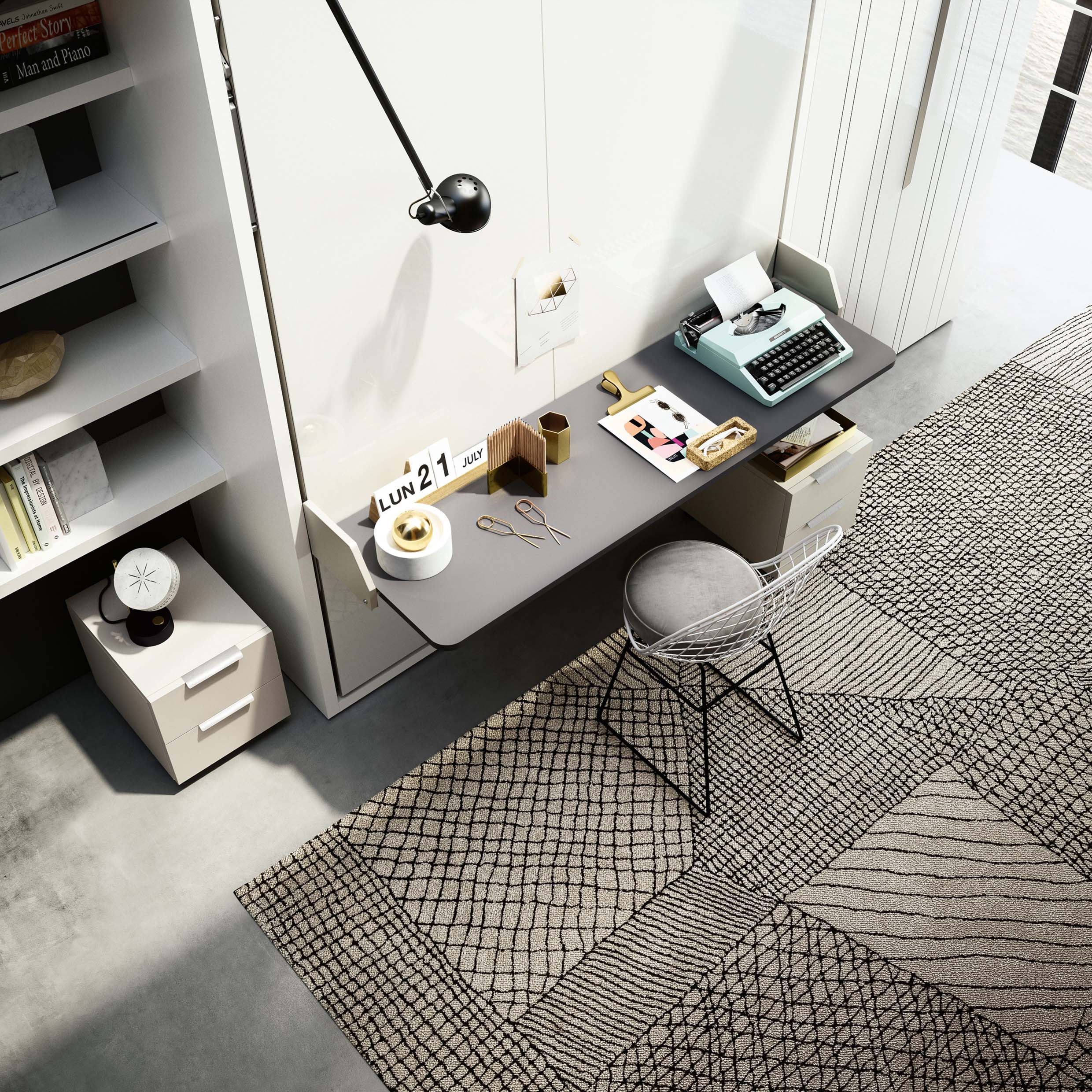 Wide view of the desk workspace of the Penelope Desk Murphy Bed with minimalist design and integrated storage, ideal for small spaces