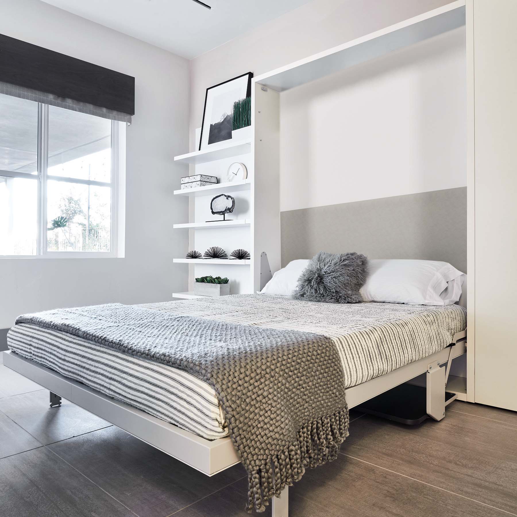 Penelope Desk Murphy Bed in open queen bed position with shelving and integrated desk, ideal for multifunctional space saving furniture.