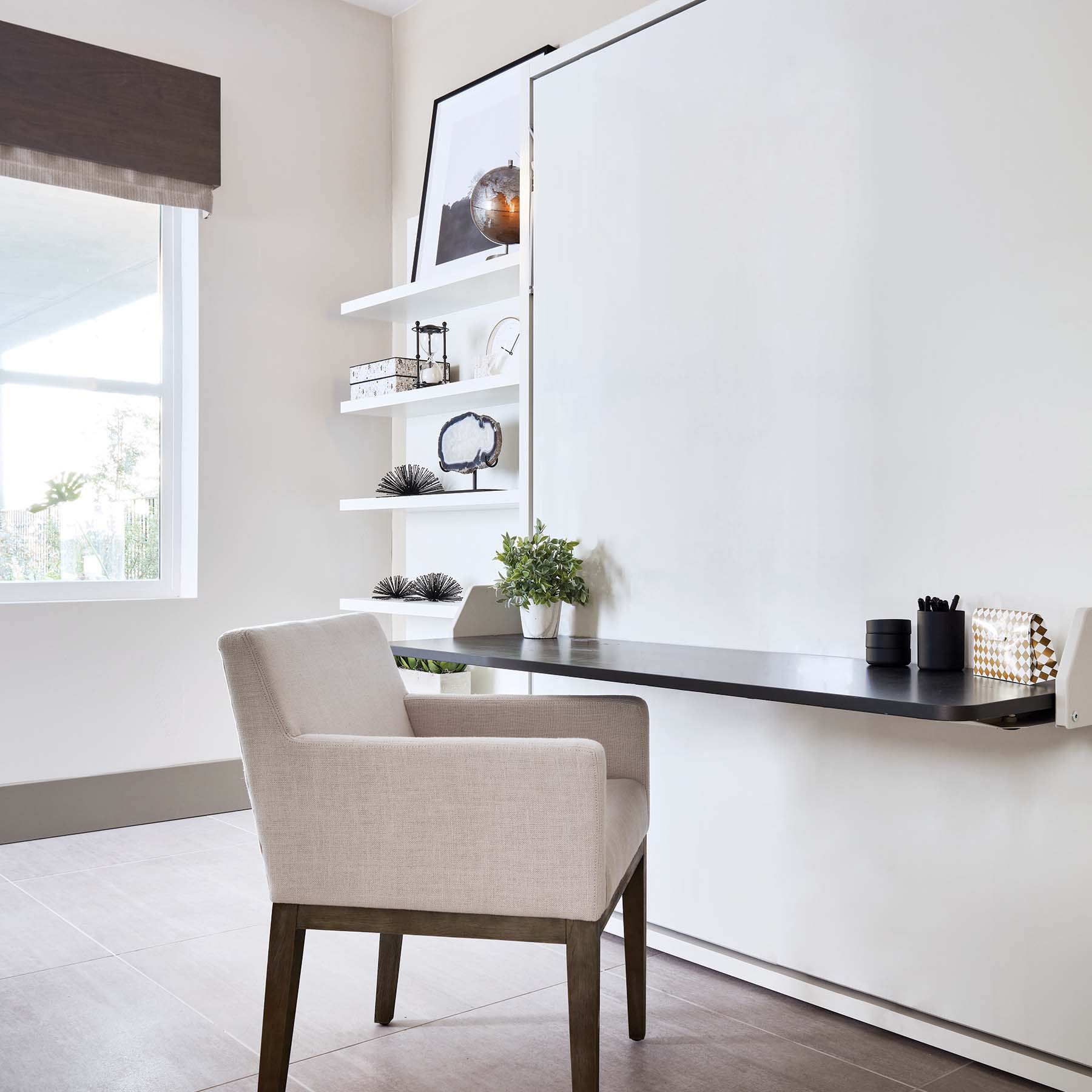 Penelope Desk Queen Wall Bed in closed position with integrated workspace and floating desk for small space furniture solutions.