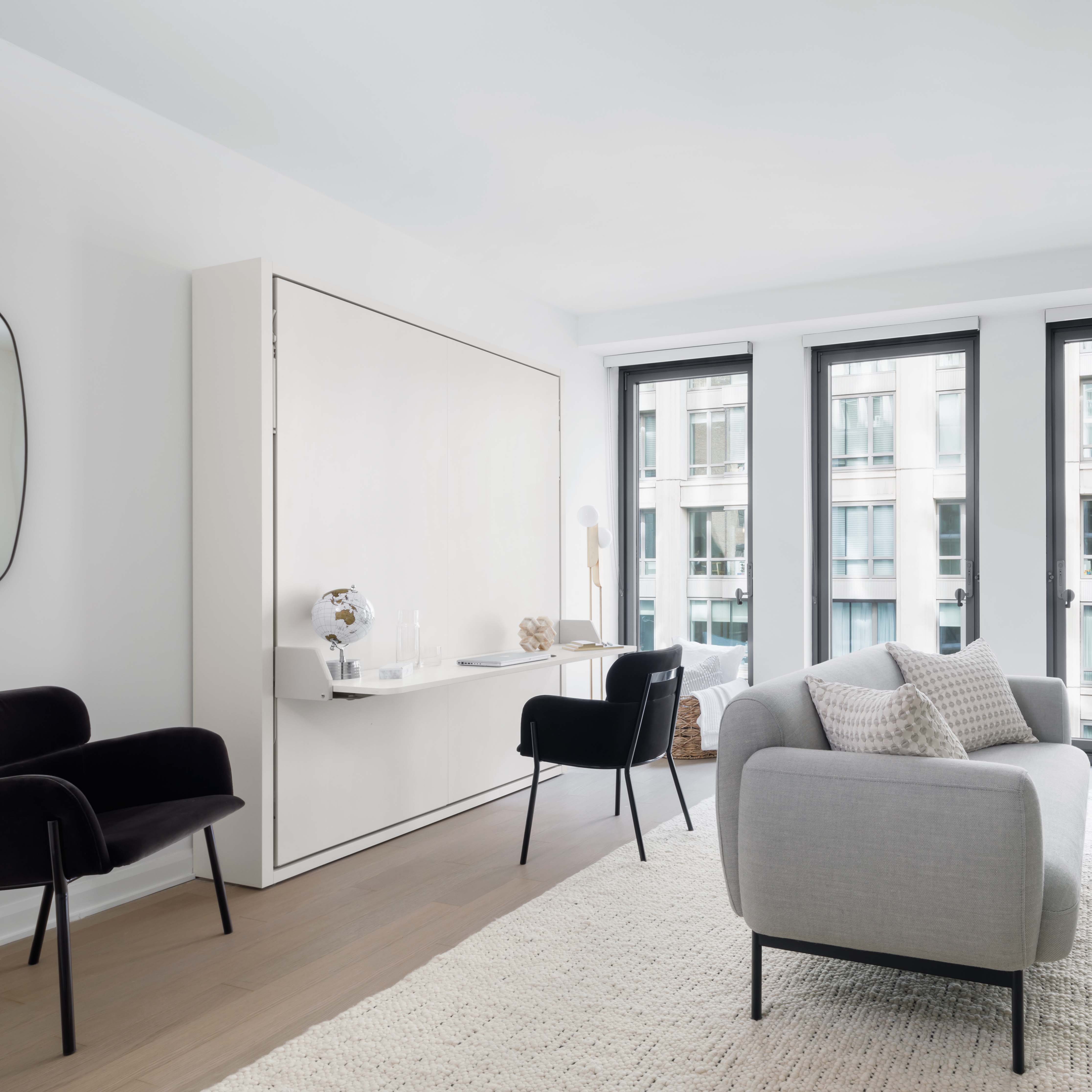 Penelope Desk Murphy bed with desk shown in closed position with workspace setup – space saving furniture for small apartments