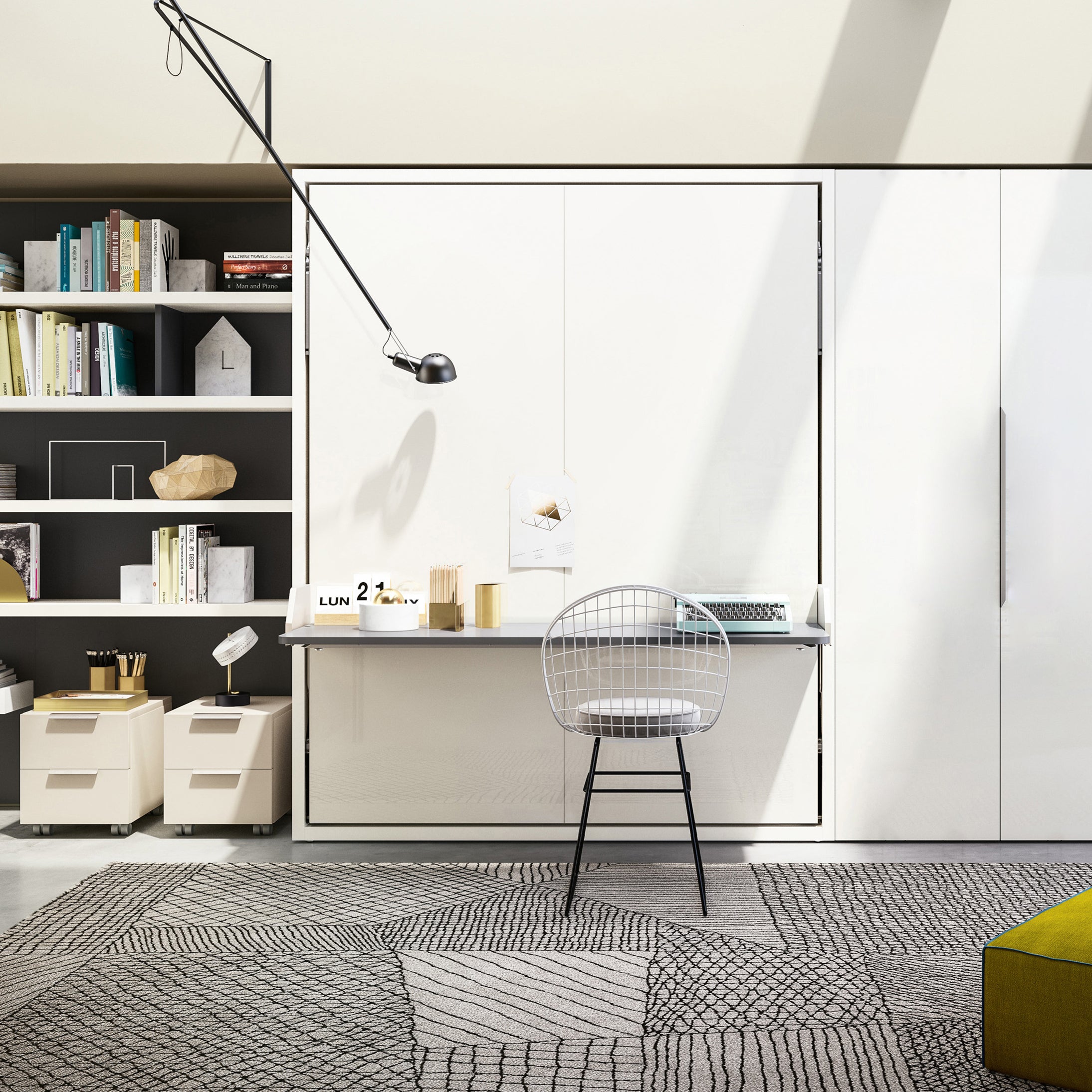 Penelope Desk Queen Murphy bed with integrated desk closed, showcasing a multifunctional space saving furniture setup.