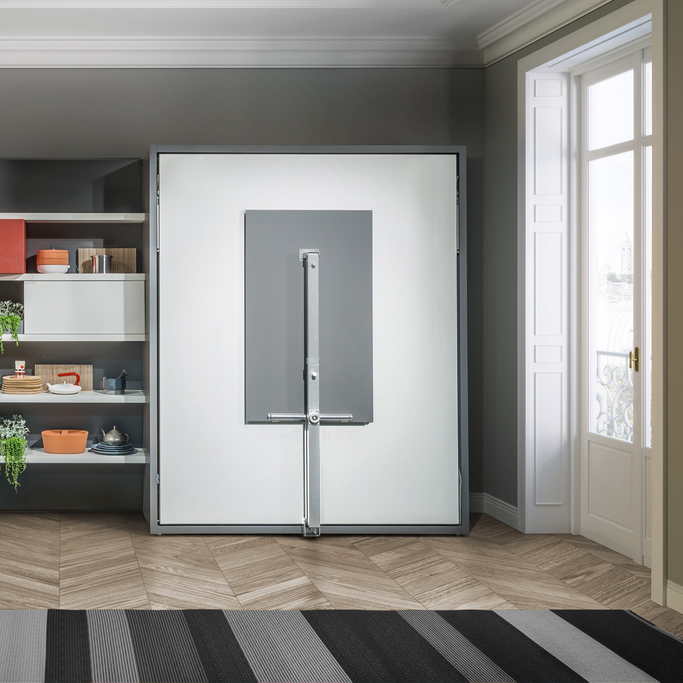 Penelope Dining Murphy bed with folded vertical dining table, ideal for small space living and multifunctional furniture setups.