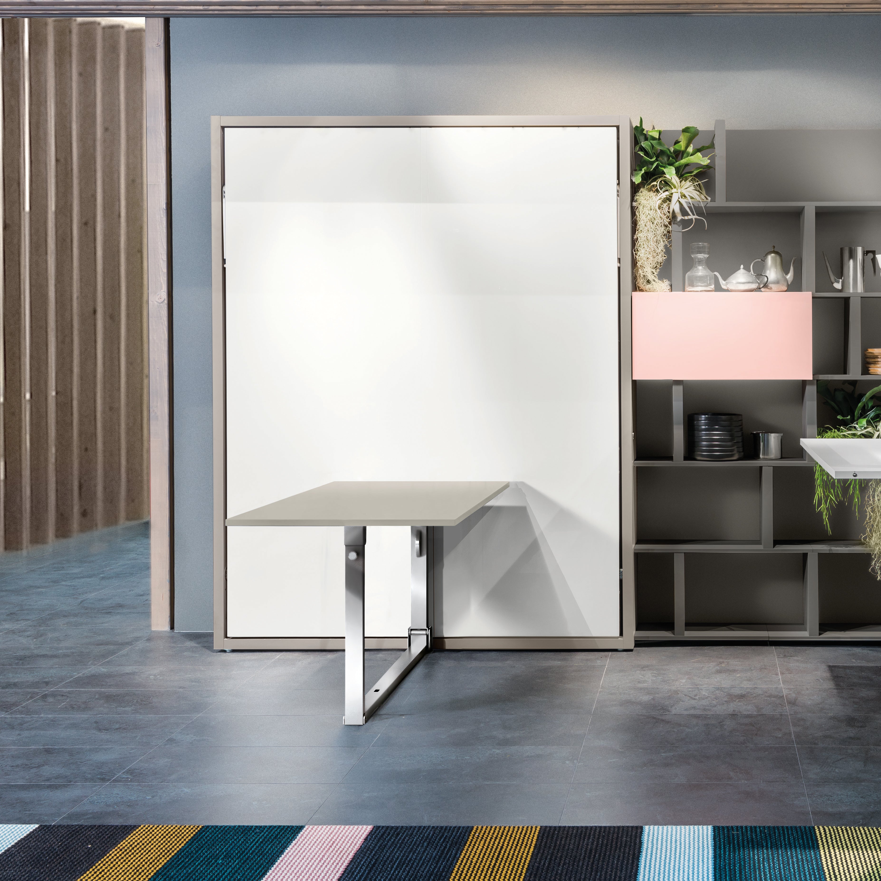 Penelope Dining Queen Wall Bed with integrated dining table extended, ideal space saving furniture for small apartments