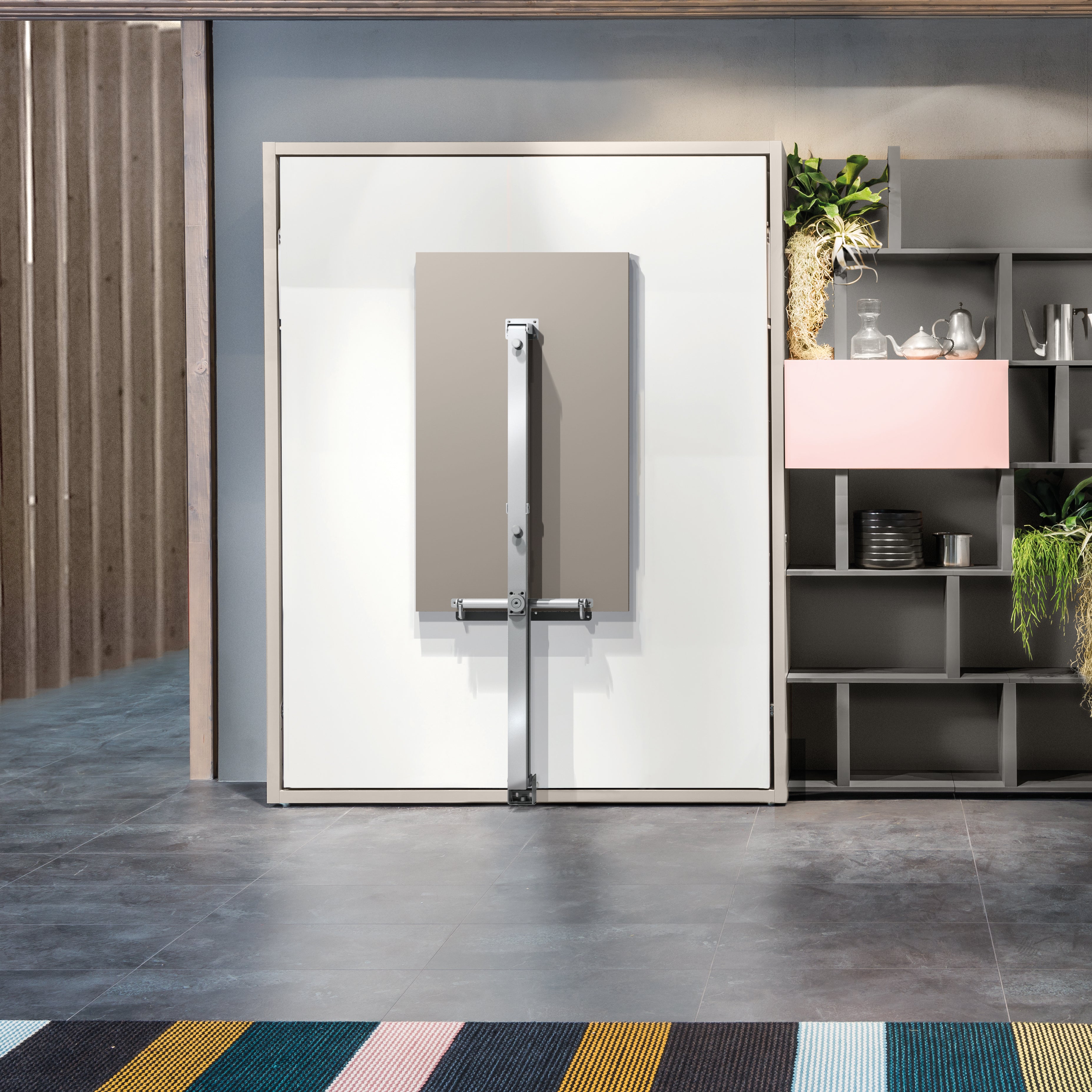 Penelope Dining Queen Murphy bed shown with dining table folded up, space saving furniture solution for compact living areas