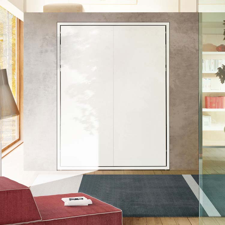 Penelope Queen wall bed with interior storage shown closed against a concrete accent wall in a contemporary living space.