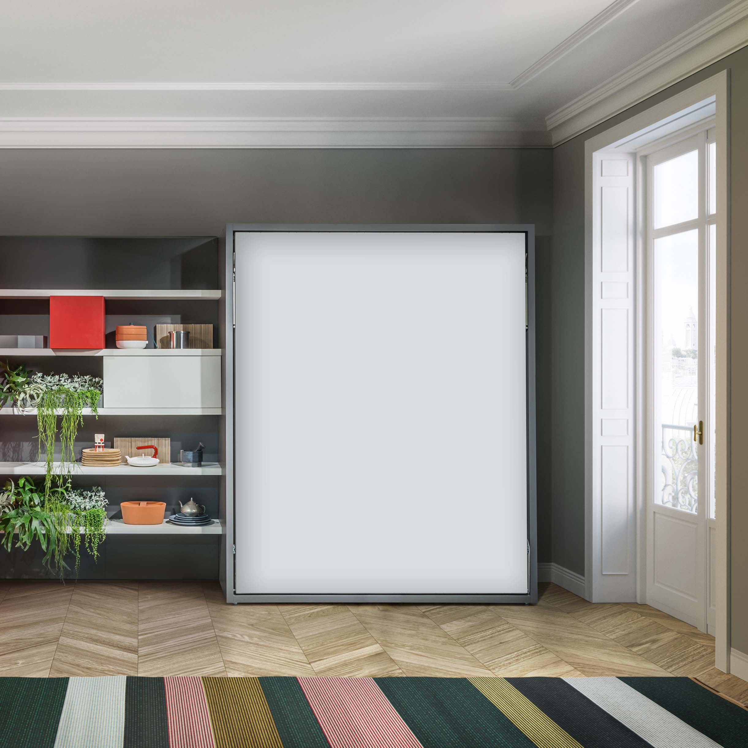 Penelope Queen Murphy bed in closed position integrated with sleek shelving in a contemporary interior.