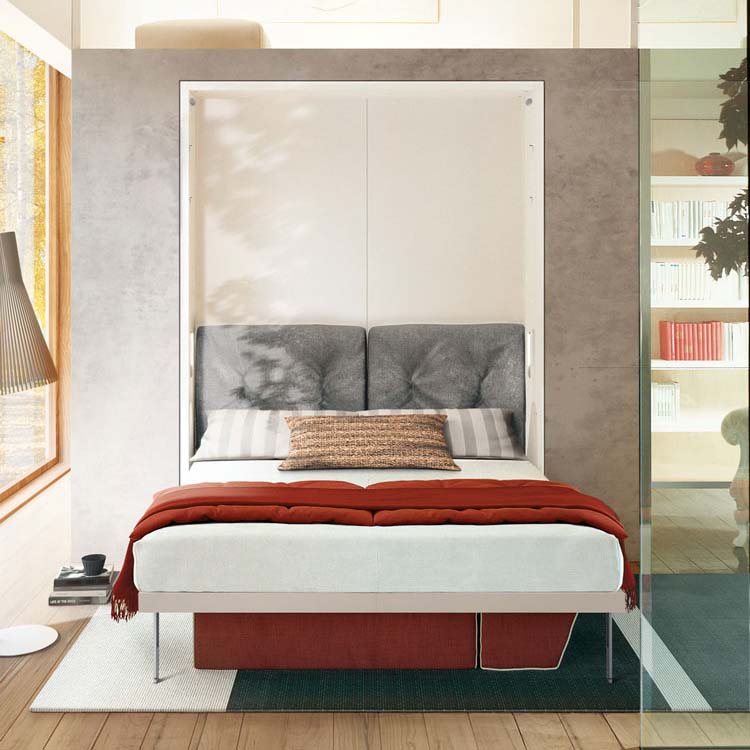 Penelope Queen Murphy bed open with gray headboard and white bedding in a modern living room.