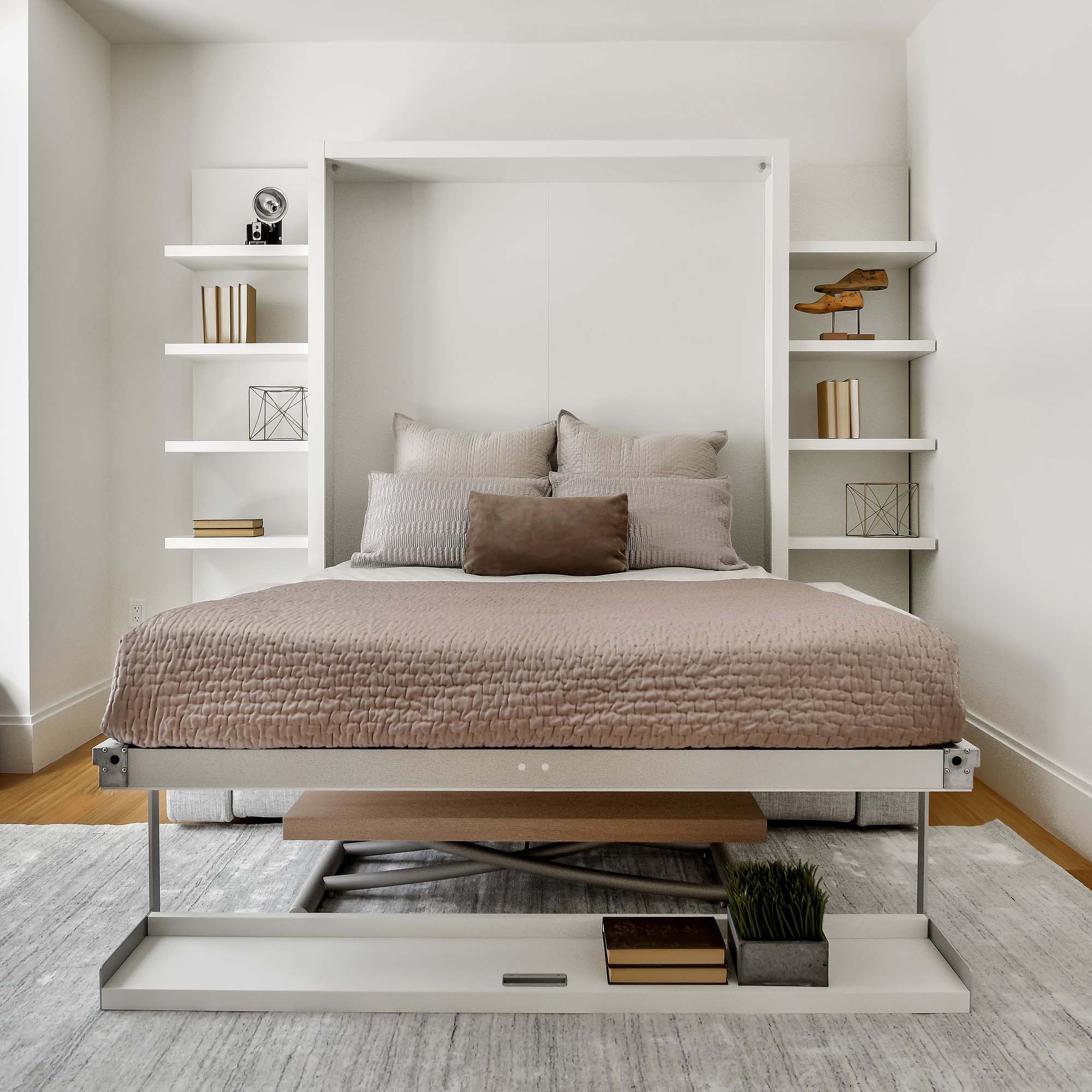 Swing 0 Murphy bed fully open with queen mattress, shown with built-in shelves and light gray sofa base.